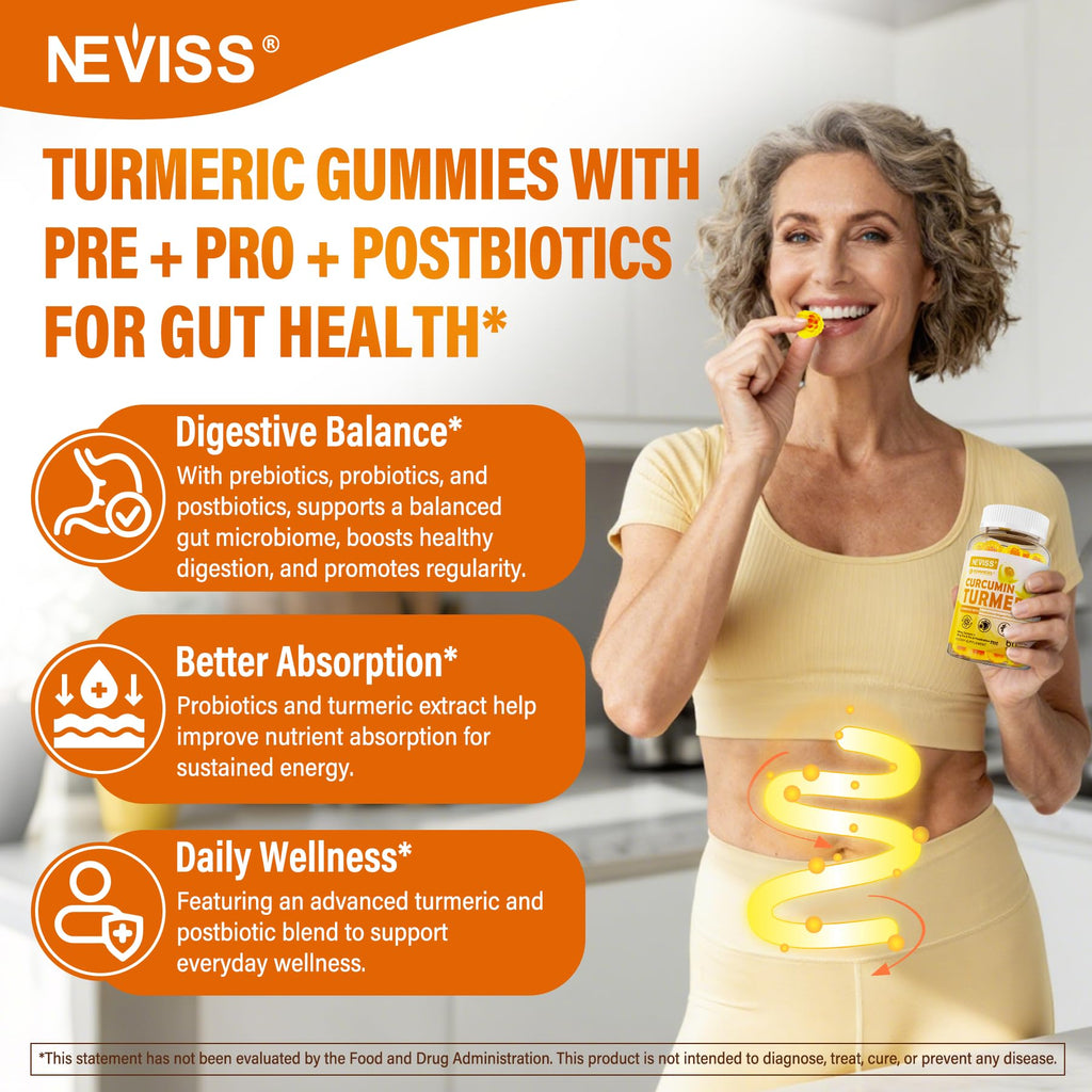 Sugar Free Turmeric Curcumin Filled Gummies 550mg for Adults, Ginger & Black Pepper | 95% Curcuminoids w/Prebiotic Probiotic & Postbiotic Blend, Support, Immune & Digestive Health, Vegan, 2Pack NEVISS Au supplements