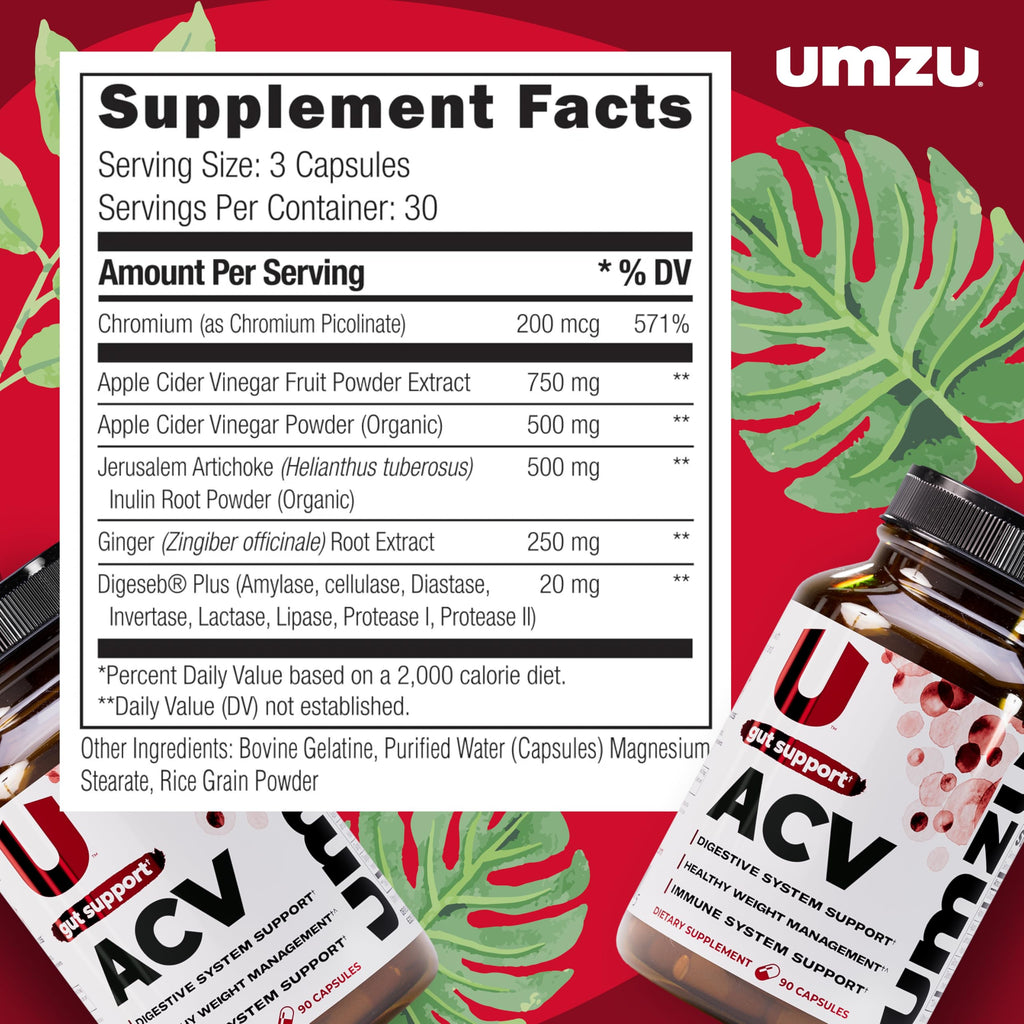 UMZU zuACV Apple Cider Vinegar + Prebiotics Supplement, (30 Day Supply) – ACV & Inulin Fiber Blend – Gut Health Support with ACV Capsules