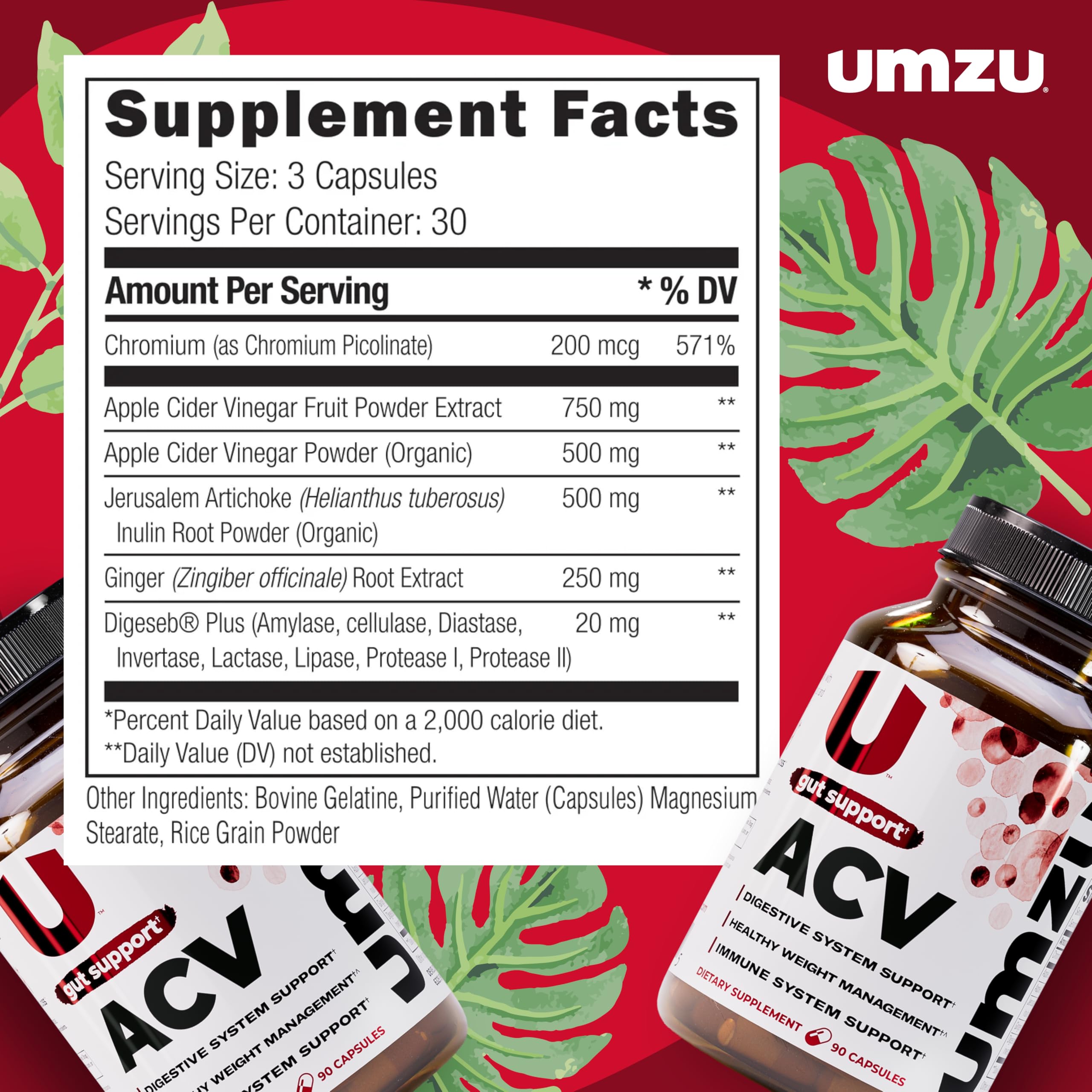 UMZU zuACV Apple Cider Vinegar + Prebiotics Supplement, (30 Day Supply) – ACV & Inulin Fiber Blend – Gut Health Support with ACV Capsules