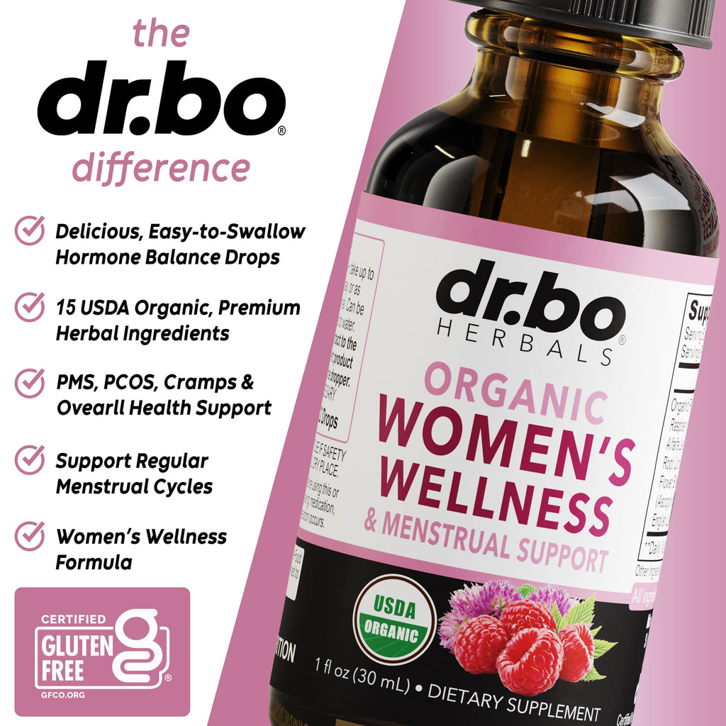 Hormone Balance for Women & PMS Relief - Women's Wellness Organic Hormonal Balance Supplements Liquid Drops & Menstrual Cramp Period Support - Raspberry Leaf, Chasteberry, Black Cohosh Supplement 1 Oz DR. BO Au supplements