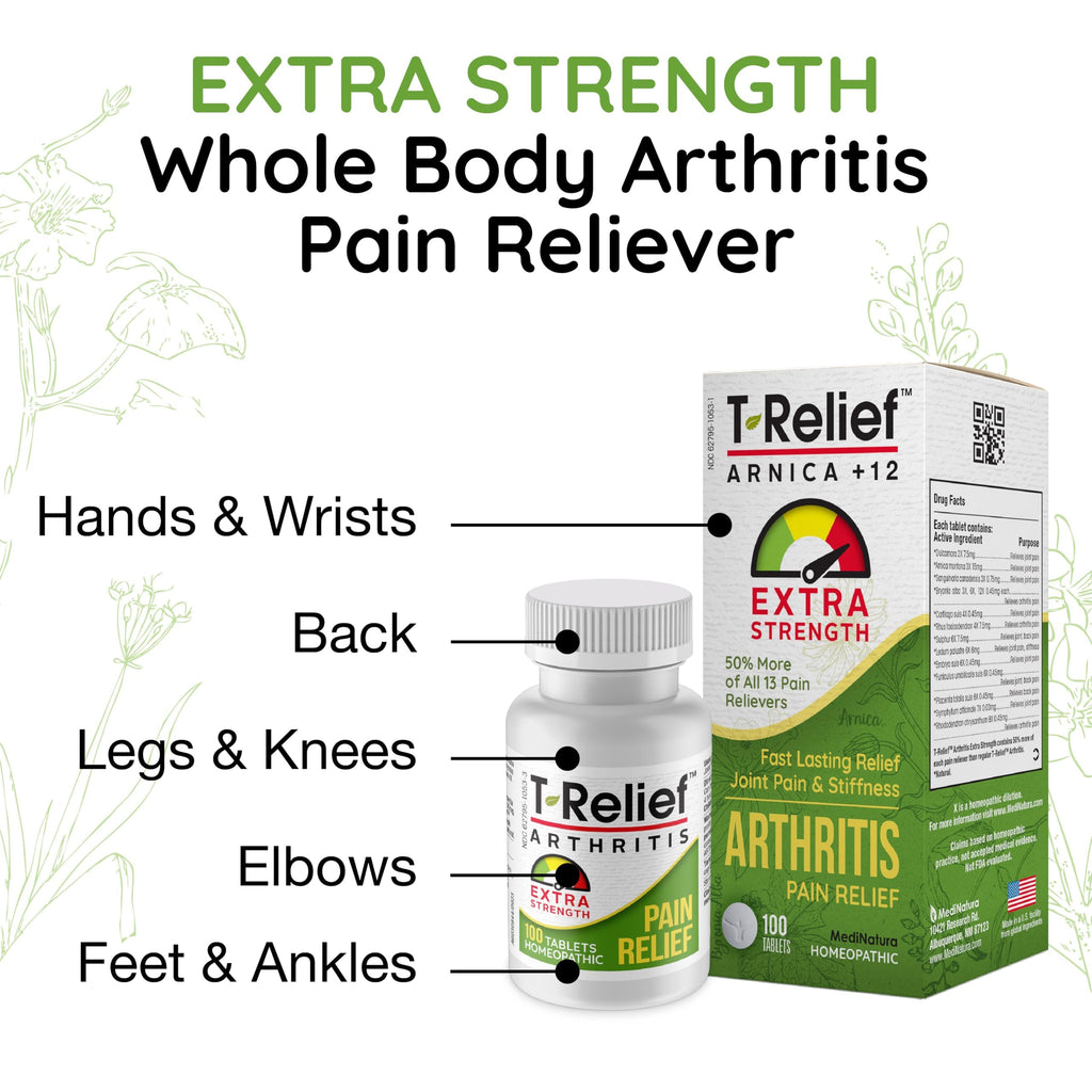 T-Relief Extra Strength Arthritis Pain Reliever Arnica +12 Natural Medicines for Joint Soreness Stiffness Aches, Quick Dissolving Pain Relief for Women & Men - 100 Tablets MediNatura Au supplements
