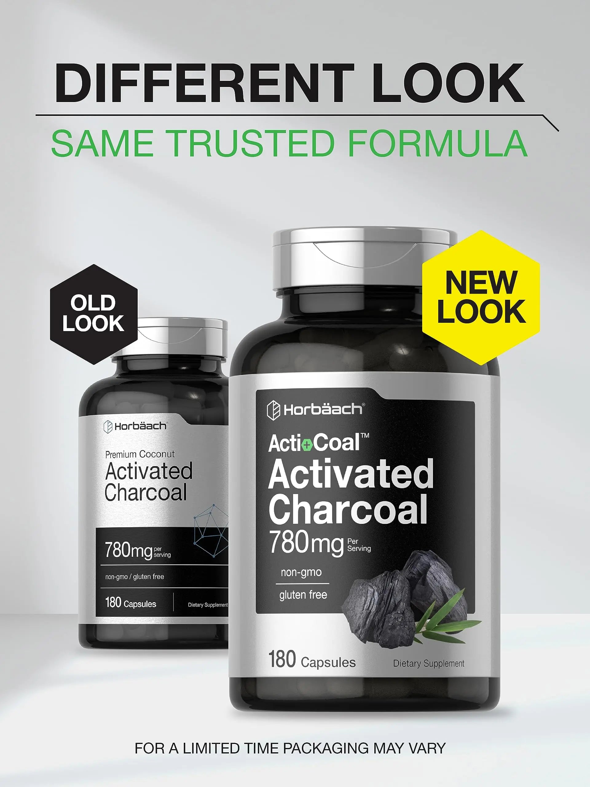 Charcoal Pills 780mg | 180 Capsules | Activated Charcoal from Coconut Shells | Non-GMO Horbäach Au supplements