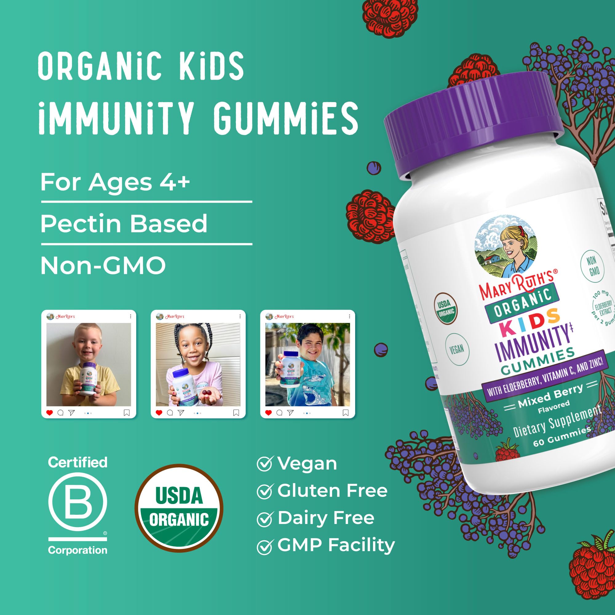 MaryRuth Organics Kids Immune Support Gummies | USDA Organic | Vitamin C, Zinc, and Elderberry Gummies for Kids| Immune Support for Ages 4+ | Vegan