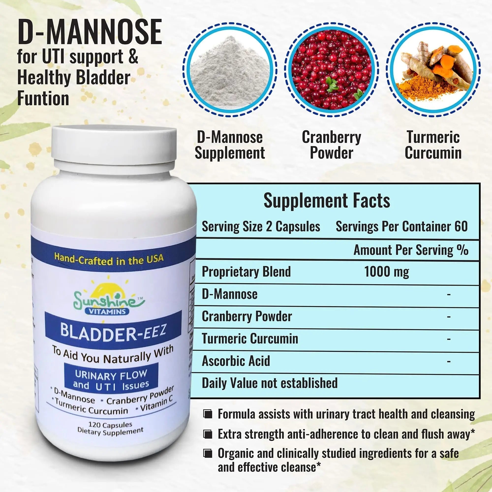 Sunshine Vitamins Bladder-EEZ | All-Natural Bladder Infection UTI Relief Support for Women with D-Mannose | Urinary Tract Infection Health with Immune System Support (1 Bottle of 120 Capsules) Sunshine Vitamins Au supplements