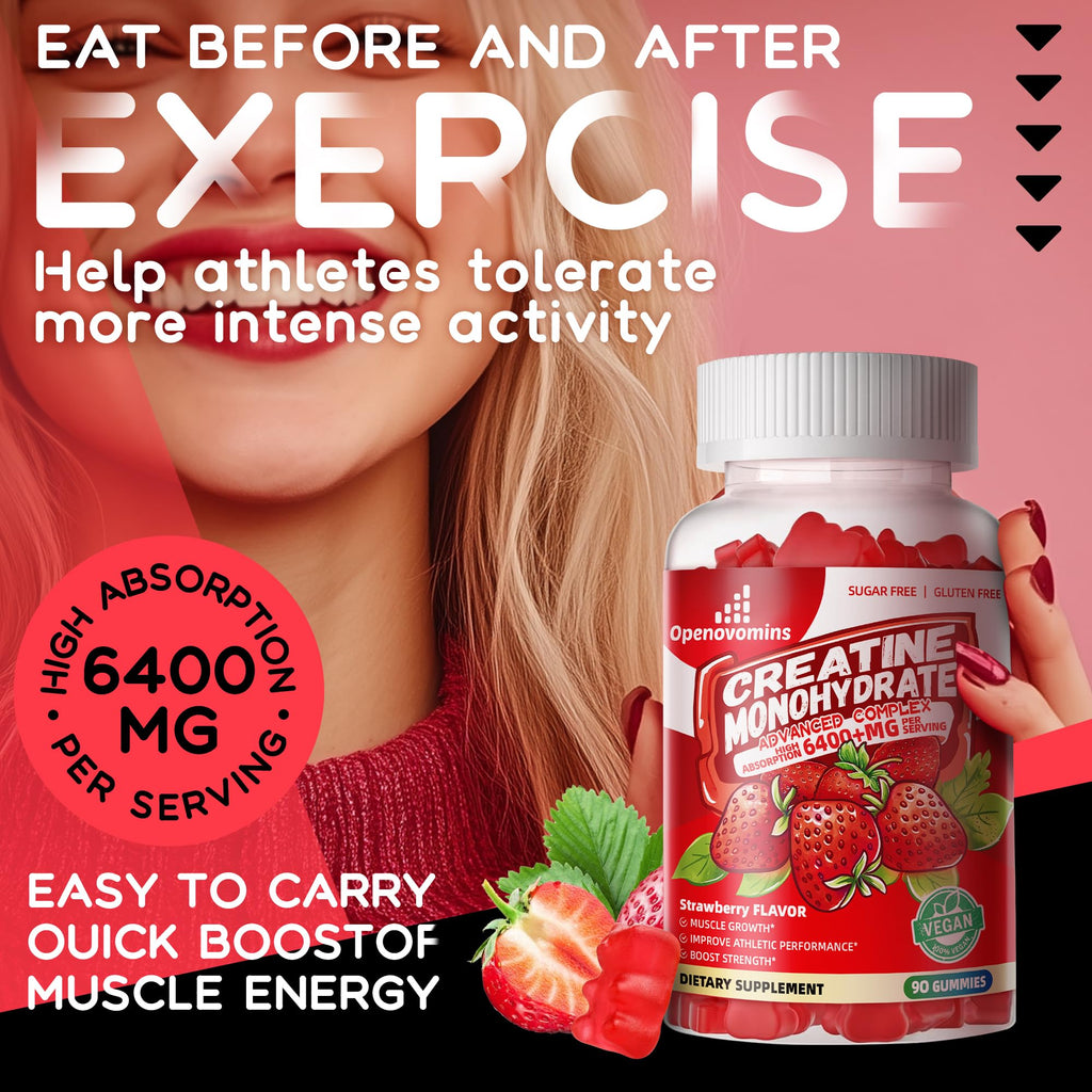 Creatine Monohydrate Gummies Complex for Men & Women -Advanced Formula W/L-Taurine + Vitamin B12, Sugar Free Chewable Supplement,90 Strawberry Gummies Openovomins Au supplements