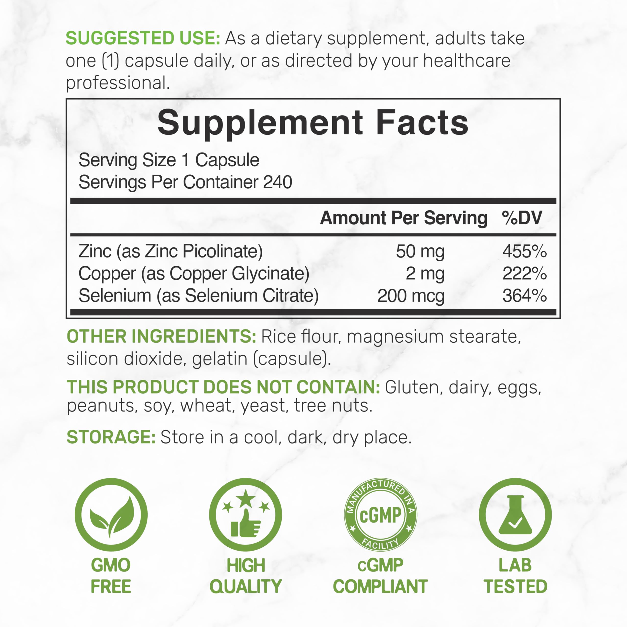 Deal Supplement Zinc 50mg with Selenium + Copper, 240 Capsules, 8 Month Supply, 3 in 1 Mineral Formula, Zinc Picolinate Complex Supplement
