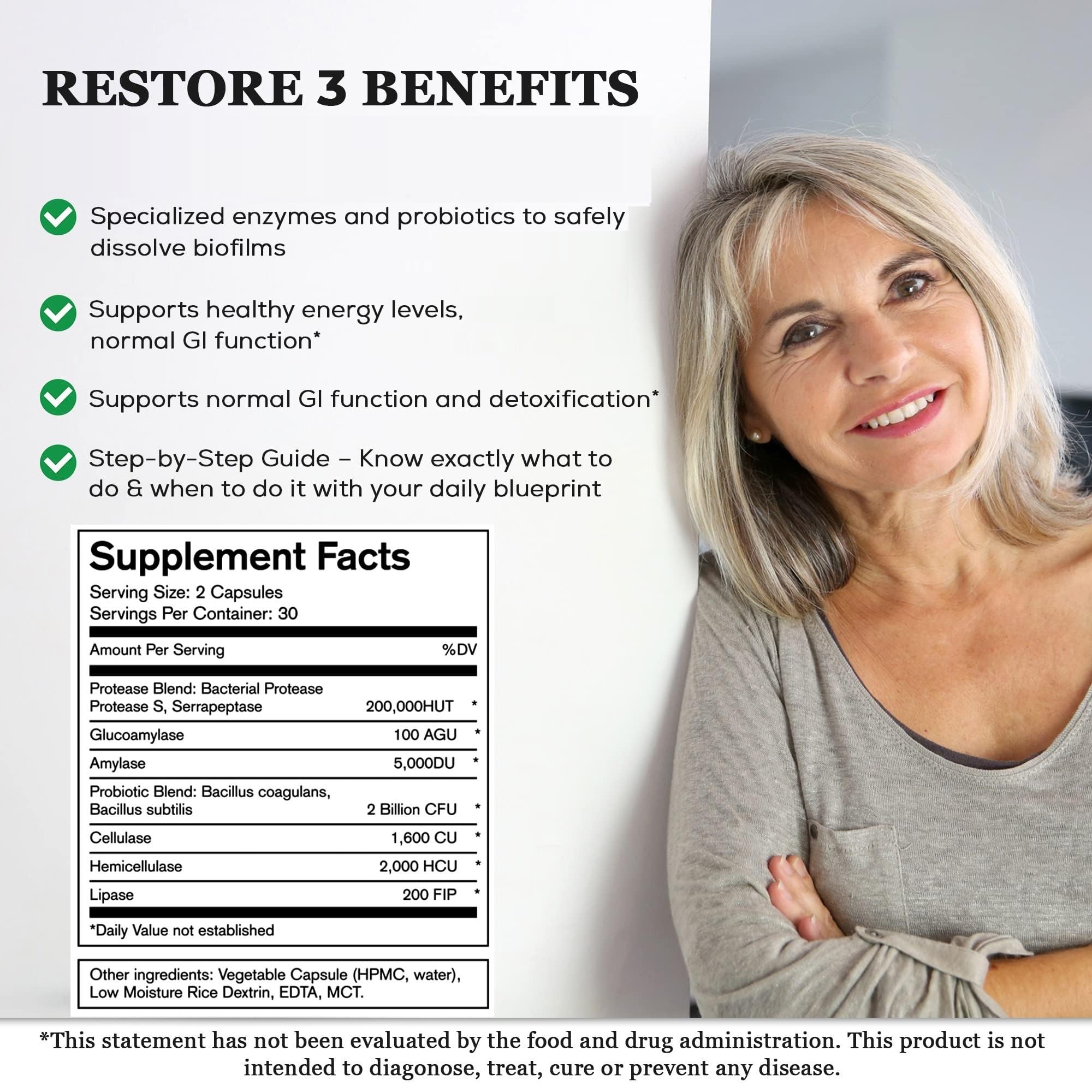 Native Formulas Restore 3 Proteolytic Enzyme & Spore Probiotic Blend Supplement - 60 Capsules - Advanced Biofilm Disruption Aid