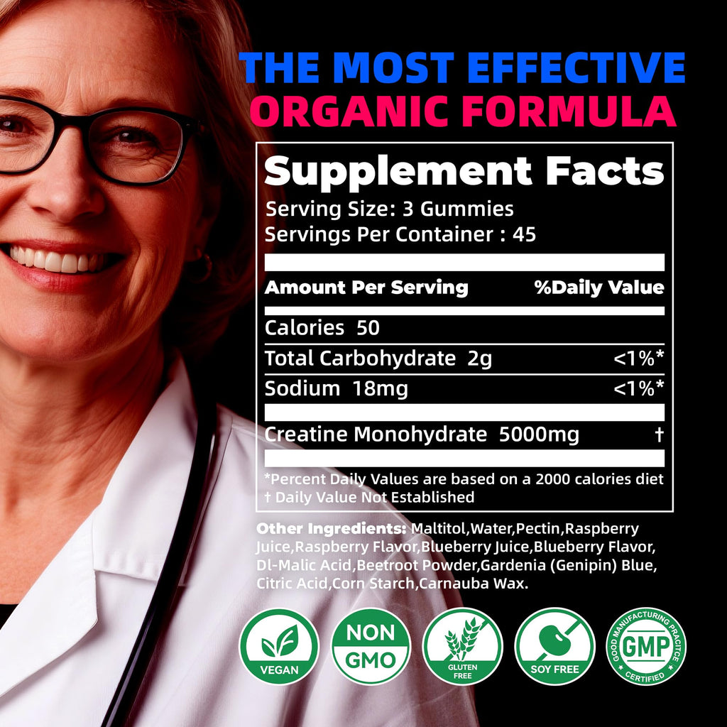 NSF Certified Creatine Gummy 5g - Creatine Monohydrate Gummies for Men & Women. Boost Focus,Strength, and Endurance, Anti-Melting Formula, Vegan, Gluten-Free, Non-GMO,(Raspberry & Blueberry 135 ct) Allcoovita Au supplements