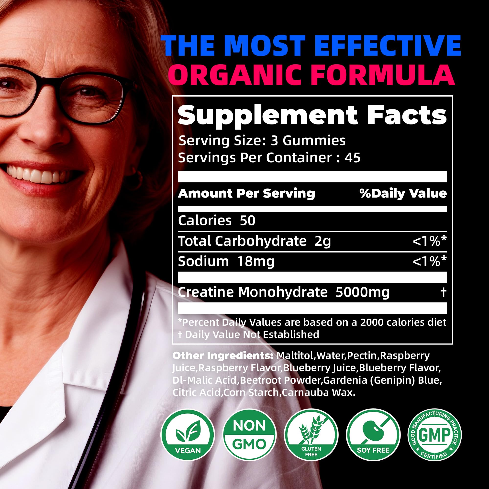 NSF Certified Creatine Gummy 5g - Creatine Monohydrate Gummies for Men & Women. Boost Focus,Strength, and Endurance, Anti-Melting Formula, Vegan, Gluten-Free, Non-GMO,(Raspberry & Blueberry 135 ct) Allcoovita Au supplements
