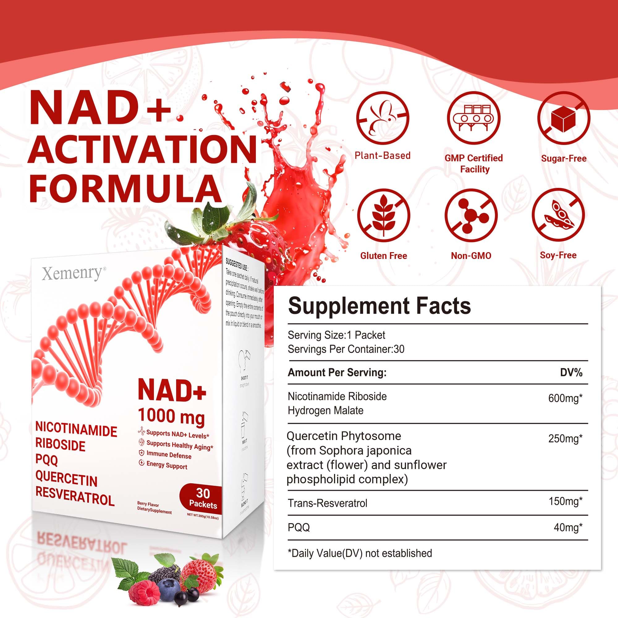 NAD Supplement 1000mg Liquid - Nicotinamide Riboside Resveratrol Supplements for Men & Women - NMN Alternative for Enhanced Energy & Anti-Aging, Focus - 30 Packets Xemenry Au supplements