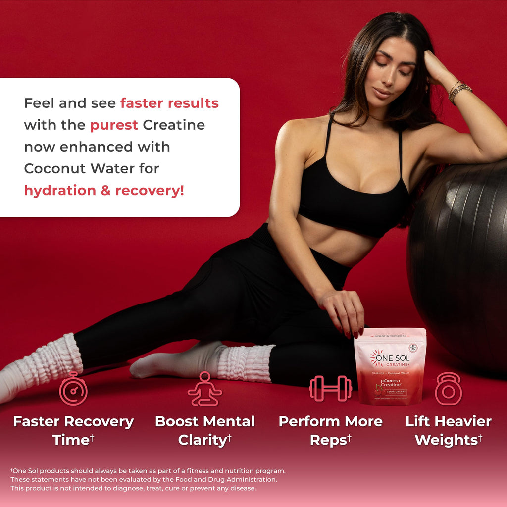 One Sol Creatine for Women, All Natural Women's Creatine Powder w Pure Creatine & Coconut Water, Increase Lean Muscle Mass, Reduce Recovery Time, Promote Brain & Bone Health (Sour Cherry, 60 Servings)