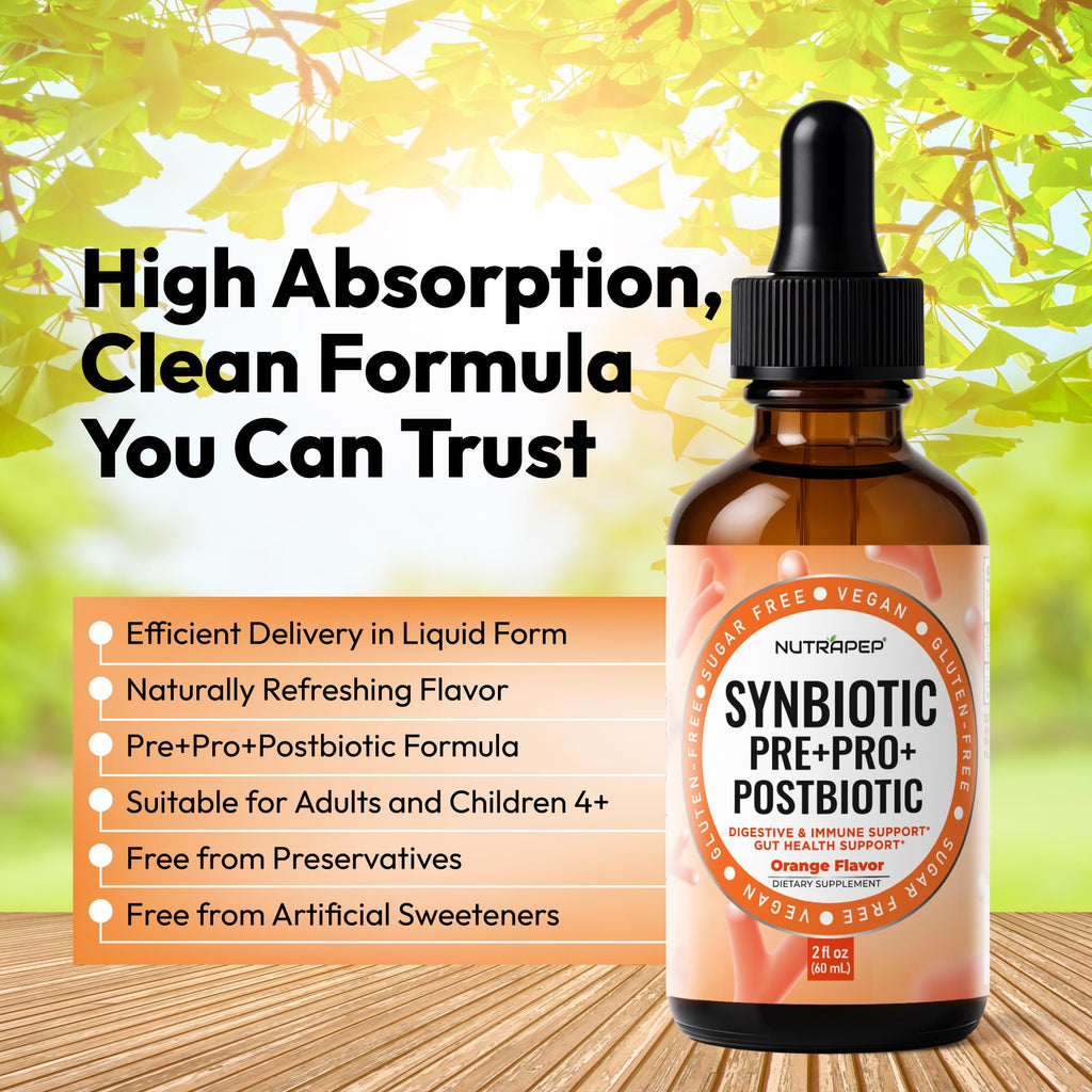 NutraPep Synbiotic Liquid Drops - Probiotic Prebiotic & Postbiotic Supplement for Adults Kids Ages 4+ - Daily Synbiotic for Gut Health Digestive & Immune Support