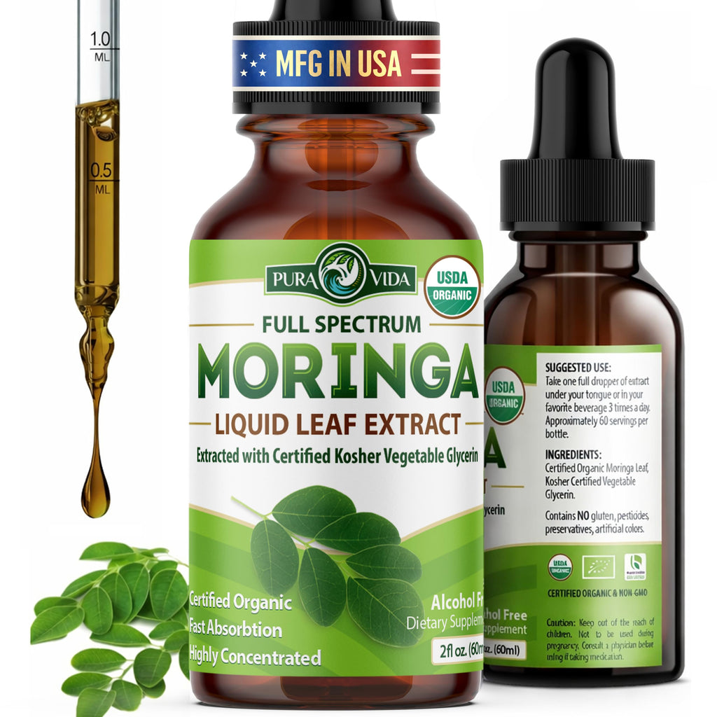 PURA VIDA MORINGA Leaf Extract Liquid Drops - USDA Organic Certified - Highly Purified, Bioavailable & Faster Absorption than Moringa Powder or Capsules