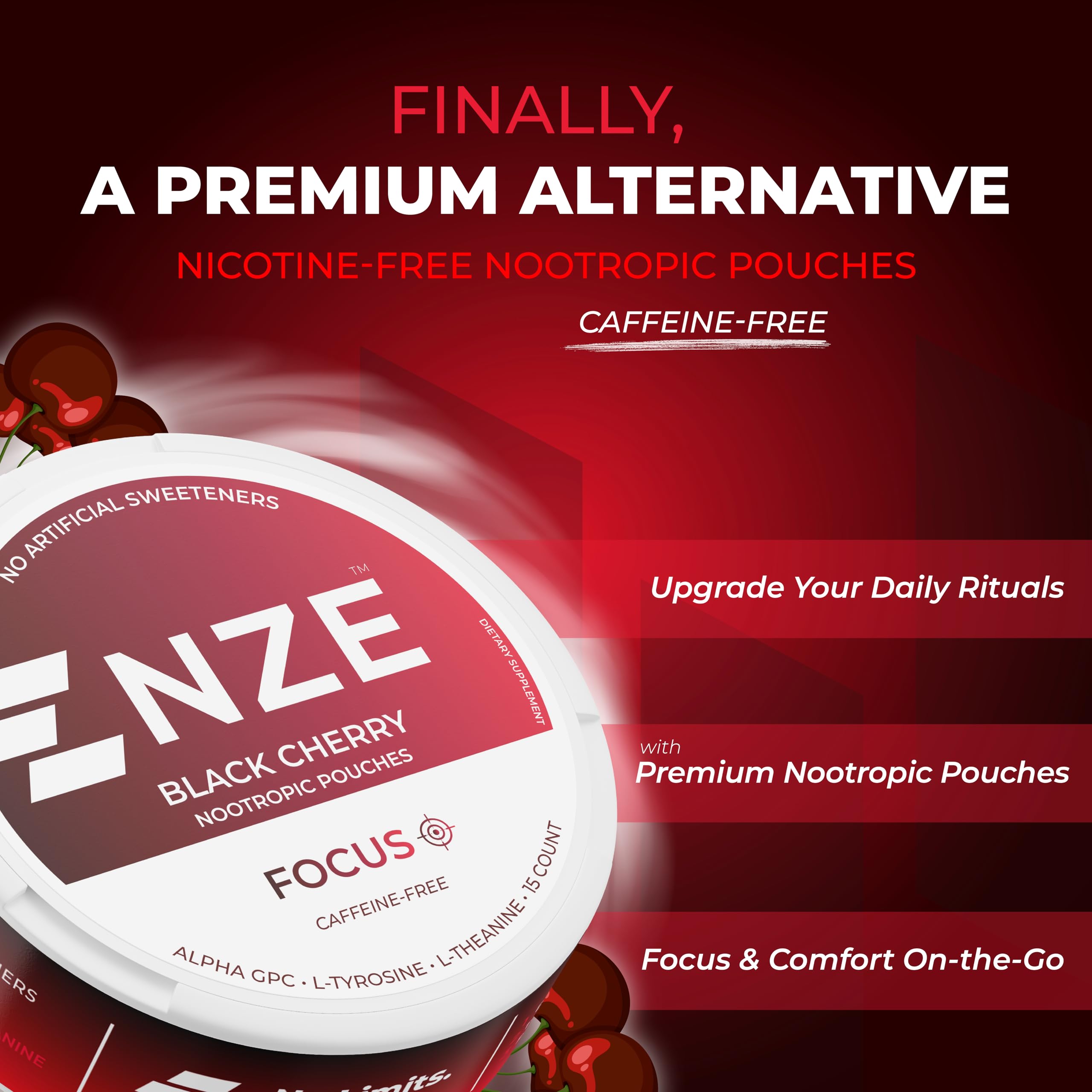 NZE Caffeine Free Nootropic Pouches (Black Cherry) - Nootropic Pouches with Alpha GPC, L-Tyrosine & L-Theanine - No Sugar or Artificial Sweeteners - 15 Pouches Per Can - 5 Pack NZE Au supplements