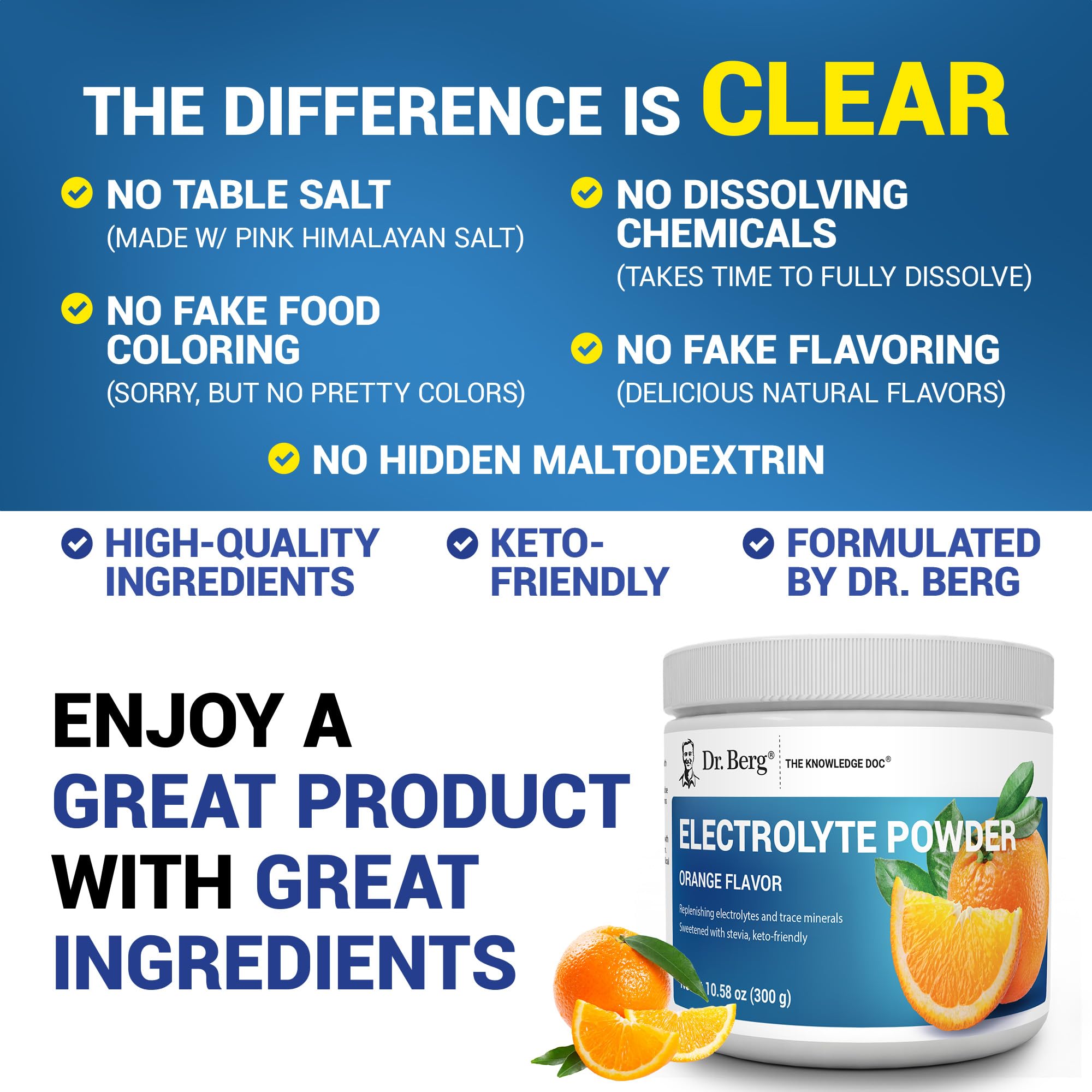 Dr. Berg Zero Sugar Hydration Keto Electrolyte Powder - Enhanced w/ 1000 mg of Potassium & Real Pink Himalayan Salt (NOT Table Salt) - Orange Flavor Hydration Drink Mix Supplement - 50 Servings