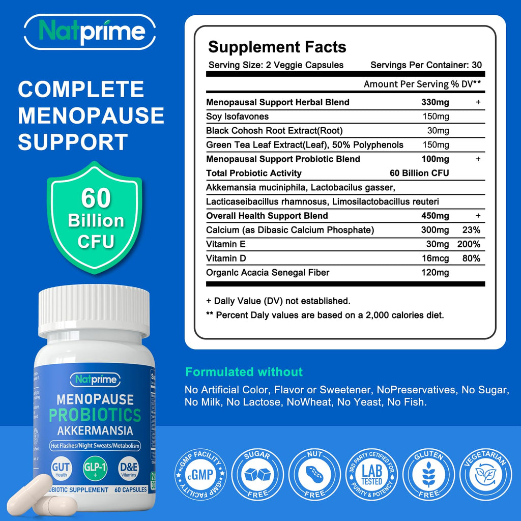 Natprime Menopause Supplements for Women - 60 Billion CFU Akkermansia Probiotic for Hormonal Balance, Night Sweats, Hot Flashes Relief, Gut Health, Mood Support & URO Viginal probiotic - 60 Ct 30 Day Natprime Au supplements