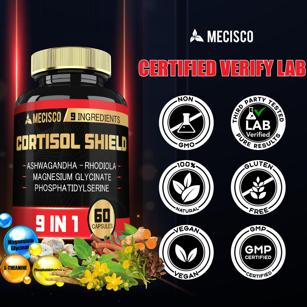 9in1 Cortisol Shield - Ashwagandha & Magnesium Glycinate, Rhodiola, Phosphatidylserine, L-Theanine, Licorice Root, St. John's Wort, Lions Mane - Mind & Mood, Restful Night Support - 60 Capsules Mecisco Au supplements
