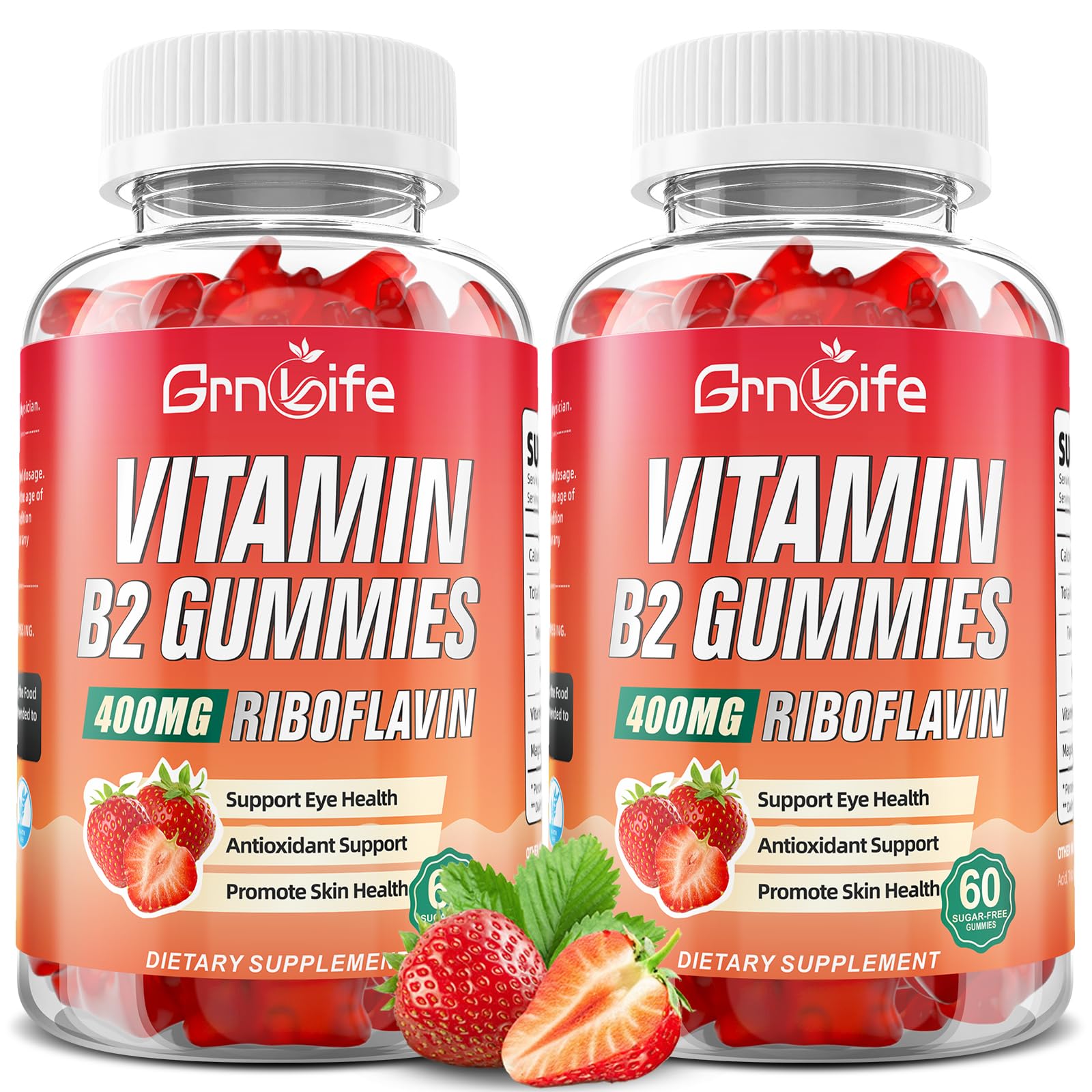 GrnLife 2 Pack Vitamin B2 Gummies, Riboflavin 400mg with Magnesium for Kids & Adults, Migraine Relief & Energy Support