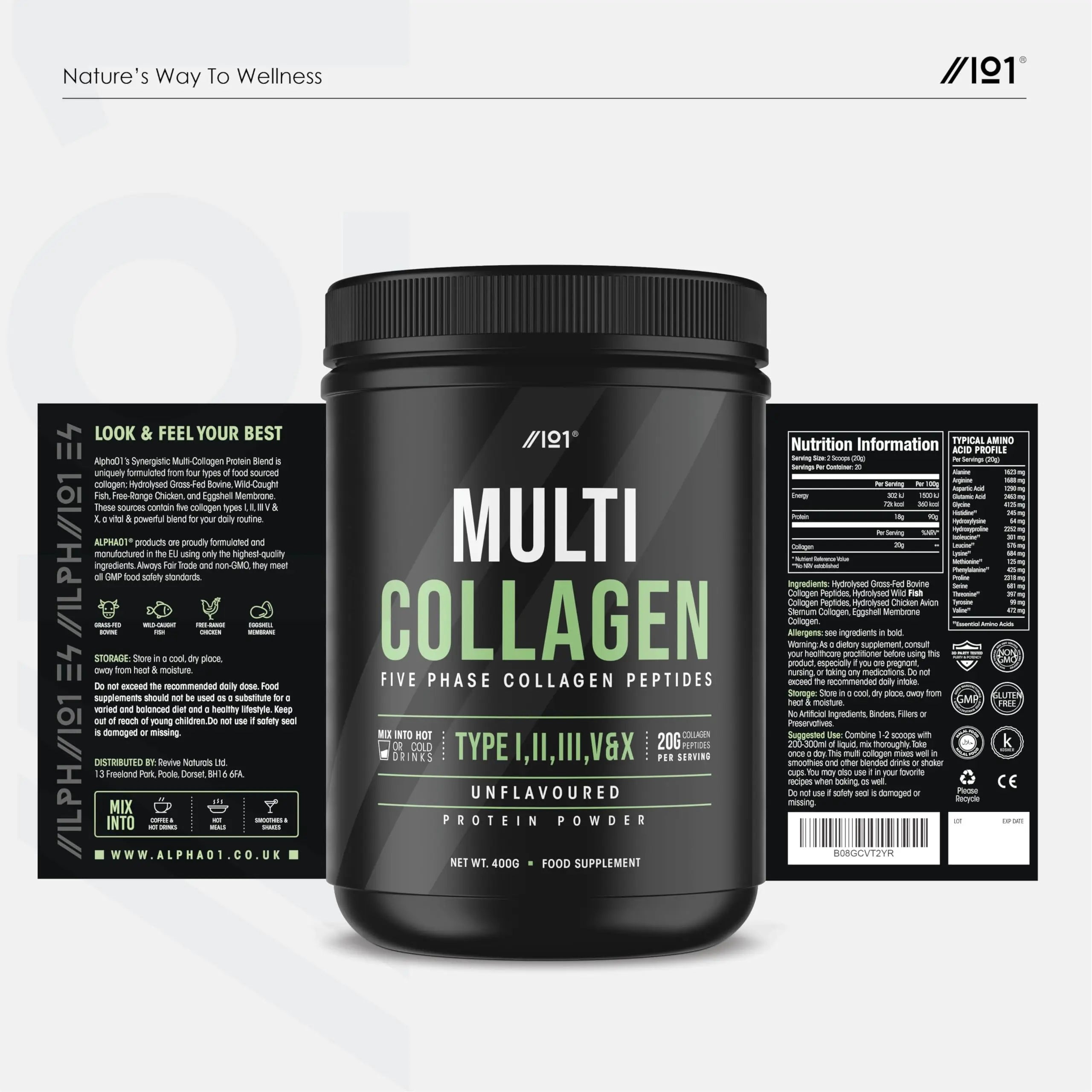 Multi Collagen Protein Powder (400g) - Types I, II, III, V & X - Hydrolyzed Grass Fed Bovine, Wild Caught Fish ALPHA01 Au supplements