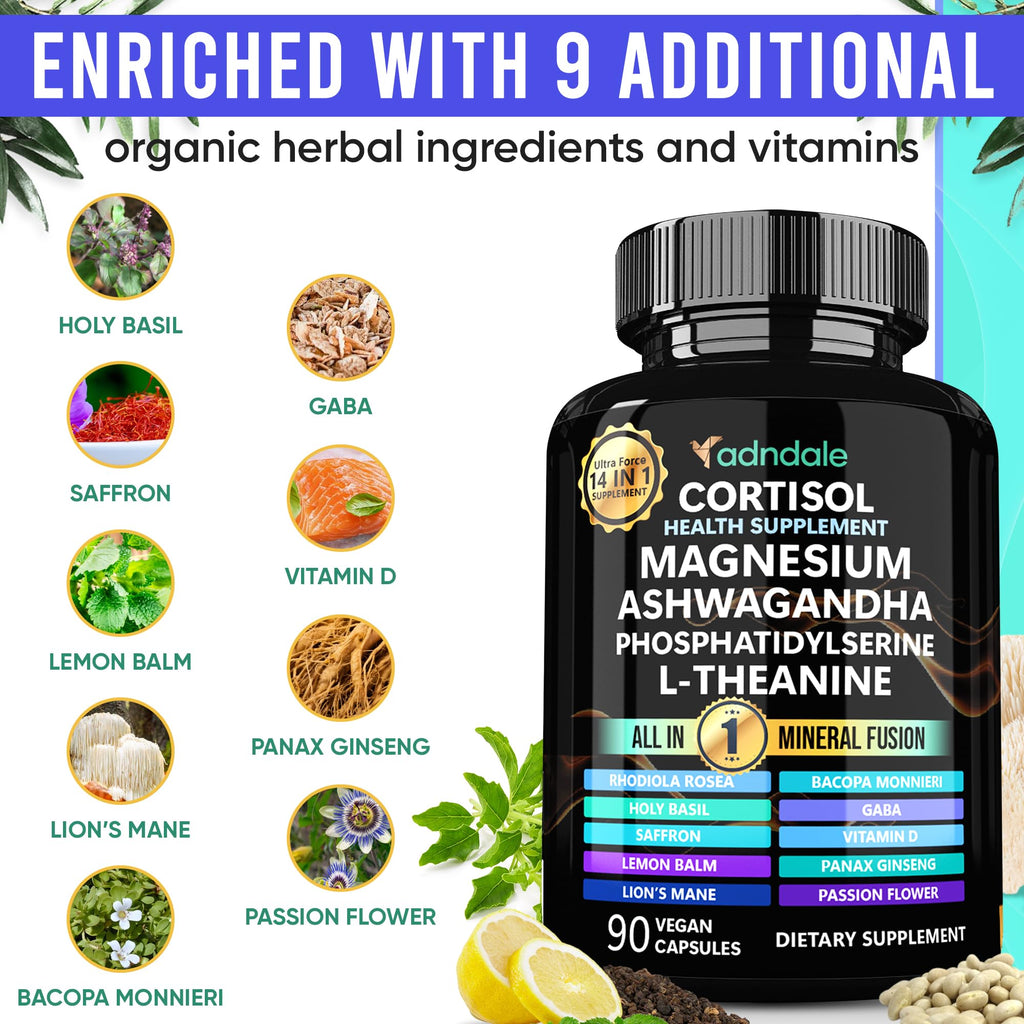 Adndale Cortisol Supplements for Women. Cortisol Reducer 14-in-1 Ashwagandha Supplement with Magnesium Glycinate, L-Theanine & More. 90 Capsules. Adndale Au supplements