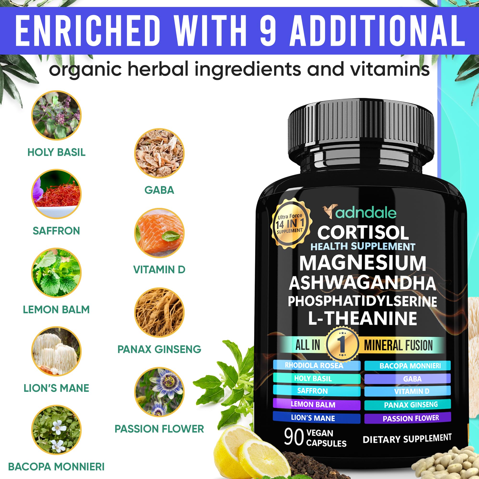 Adndale Cortisol Supplements for Women. Cortisol Reducer 14-in-1 Ashwagandha Supplement with Magnesium Glycinate, L-Theanine & More. 90 Capsules. Adndale Au supplements