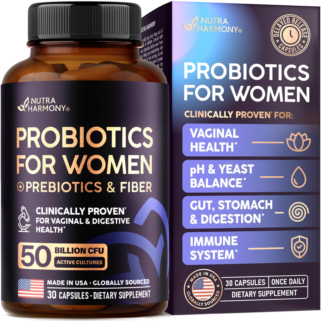 Probiotics for Women 50 Billion CFU - Vaginal Probiotics Clinically Proven for Yeast & pH Balance - Digestion & Bloating Relief - 8 Strains + Prebiotics - Delay Release - Made in USA, 30 Capsules NUTRAHARMONY Au supplements