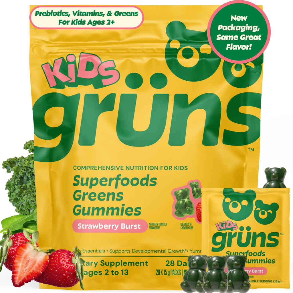Gruns Multivitamin for Kids, Super Greens Gummies, Superfood Gummy Bears with 20+ Vitamins & Minerals, Spirulina, Chlorella, Alfalfa, Prebiotics Fiber for Digestive Health