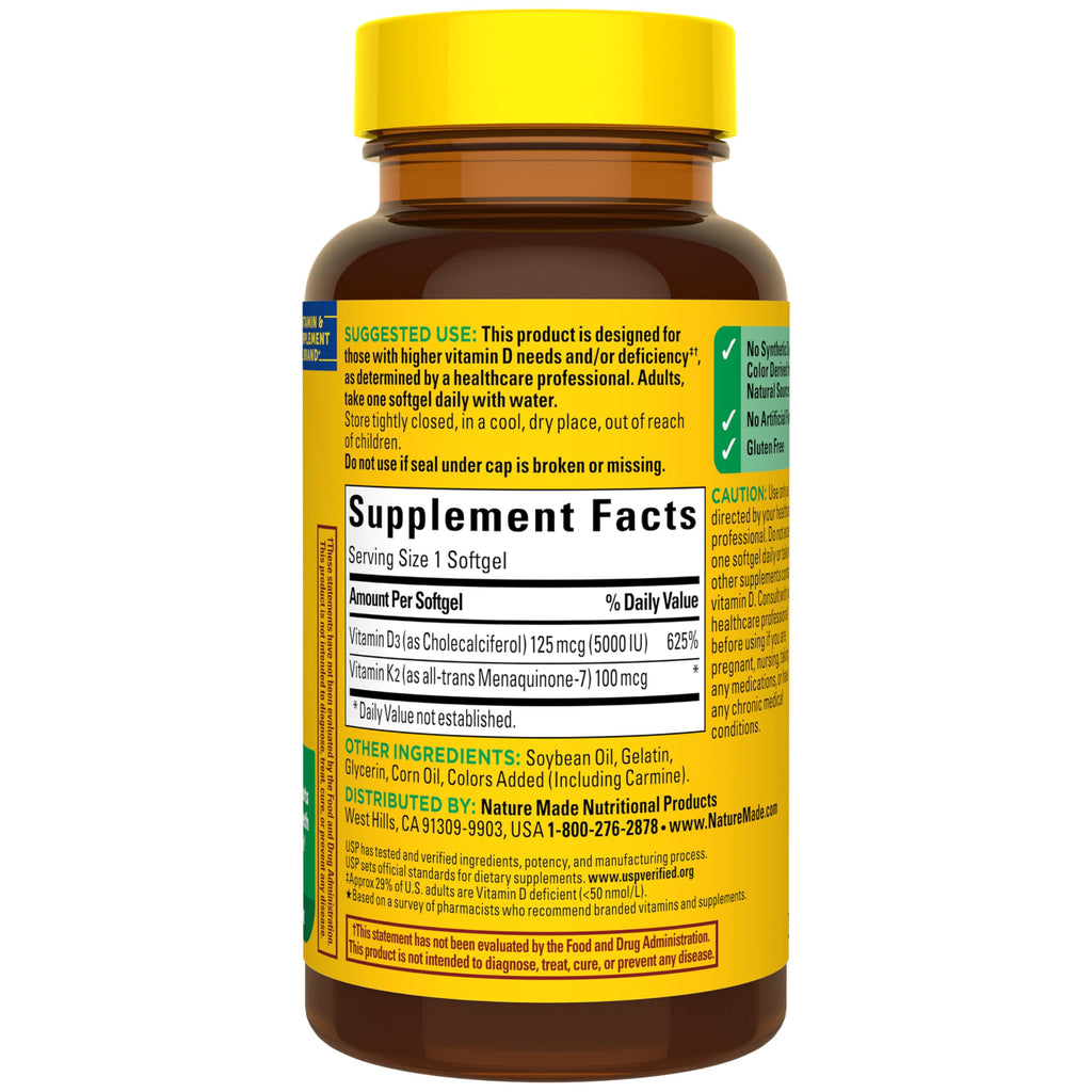 Nature Made Vitamin D3 K2 Supplement, 5000 IU (125 mcg) Vitamin D for Bone, Teeth, Muscle and Immune Support
