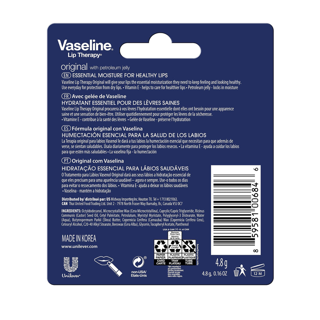 Vaseline Lip Therapy Care Original, Fast-Acting Nourishment, Ideal for Chapped, Dry, Cracked, or Damaged Lips