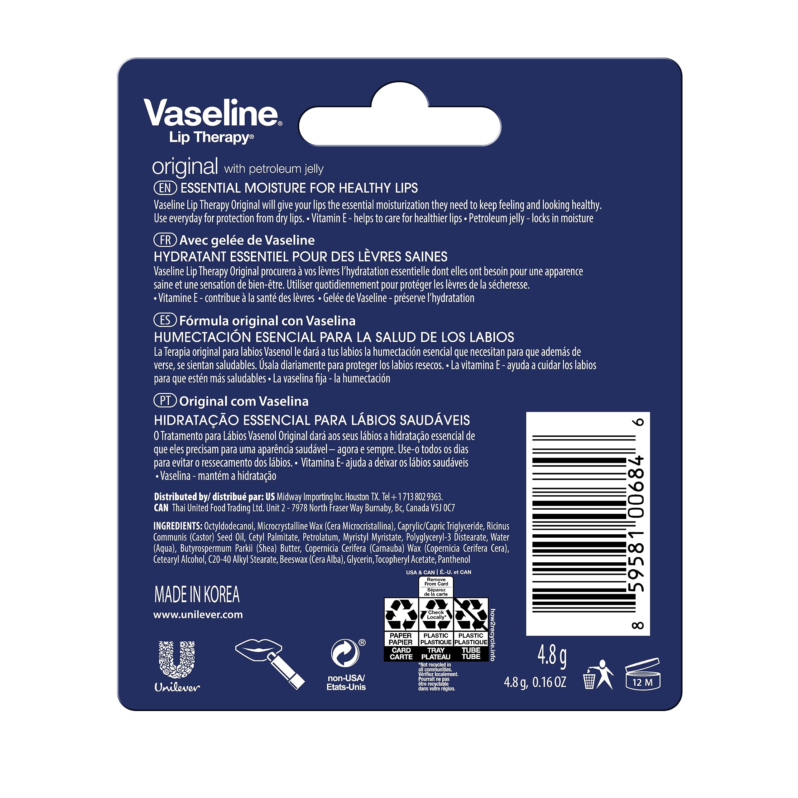 Vaseline Lip Therapy Care Original, Fast-Acting Nourishment, Ideal for Chapped, Dry, Cracked, or Damaged Lips