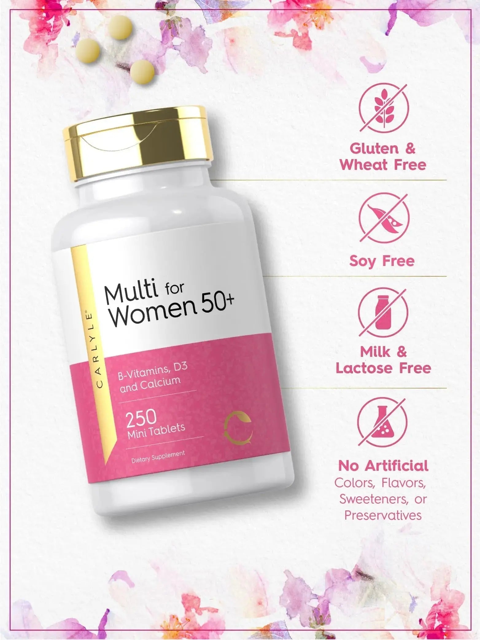 Carlyle Multivitamin for Women 50 Plus | 250 Mini Tablets | Iron Free Supplement | Vitamins A, B12, C, D3, Folate (as Folic Acid) and Calcium | Carlyle Au supplements