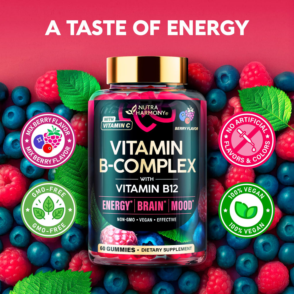 Vitamin B-Complex Gummies for Women & Men - Vitamin B12, B1, B2, B3, B5, B6, B7 & B9 - B Complex with Vitamin C & Choline - Energy, Brain & Mood