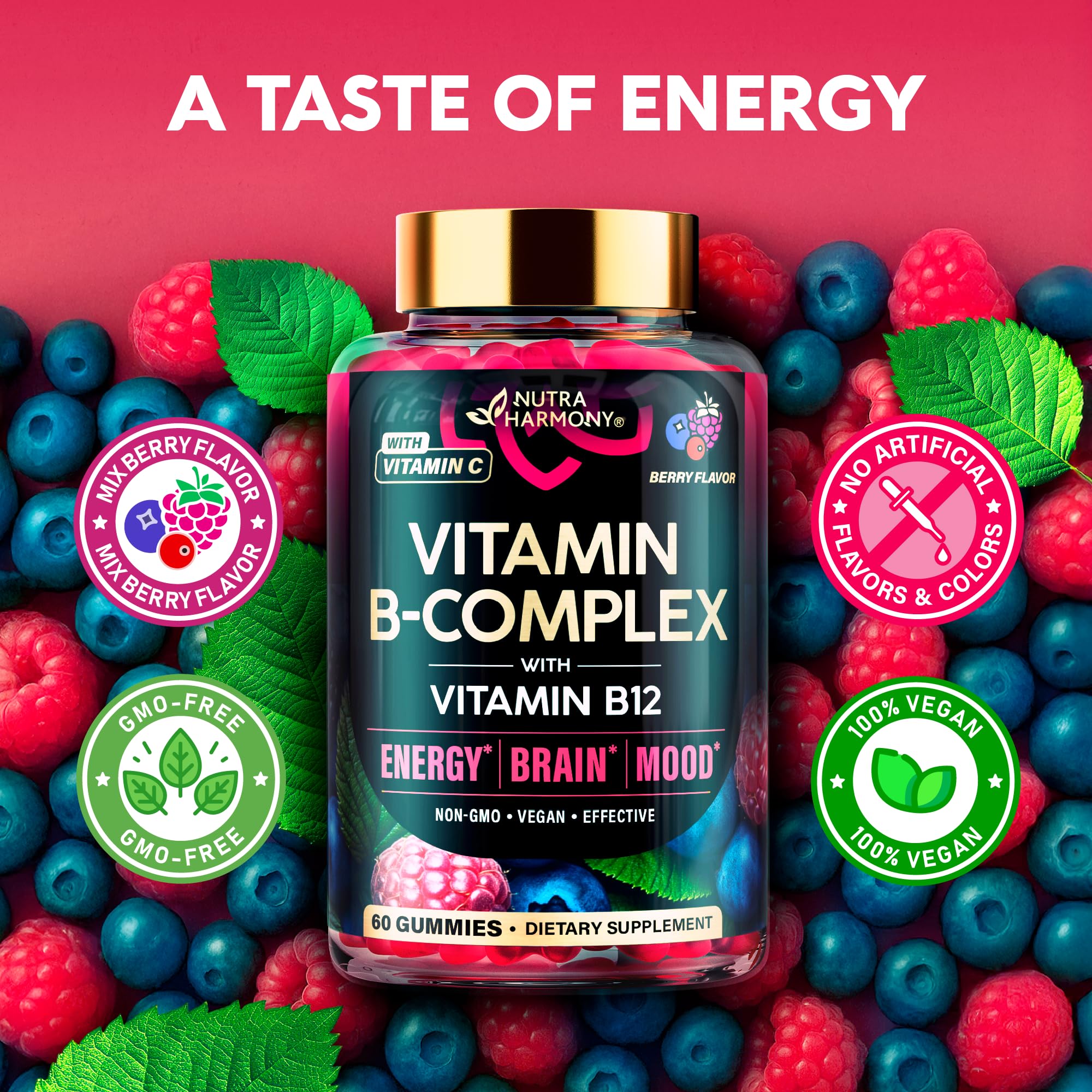 Vitamin B-Complex Gummies for Women & Men - Vitamin B12, B1, B2, B3, B5, B6, B7 & B9 - B Complex with Vitamin C & Choline - Energy, Brain & Mood