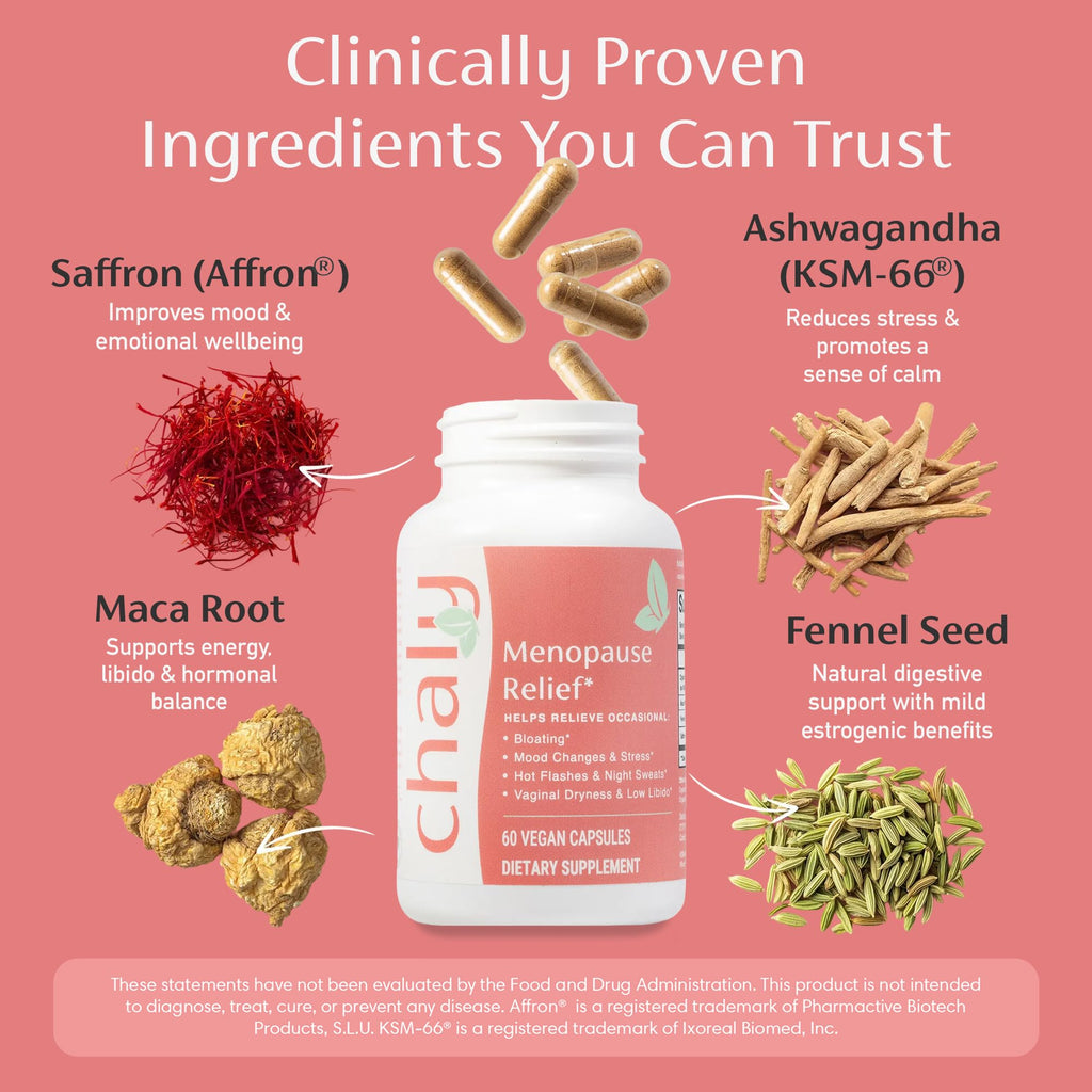 Chaly Menopause Supplements for Women with Ashwagandha KSM 66 and Saffron | Hot Flash, Bloating, Libido, Vaginal Dryness, Stress, and Mood Support Supplement | Menopause Relief Supplements | 60 Count Chaly Au supplements