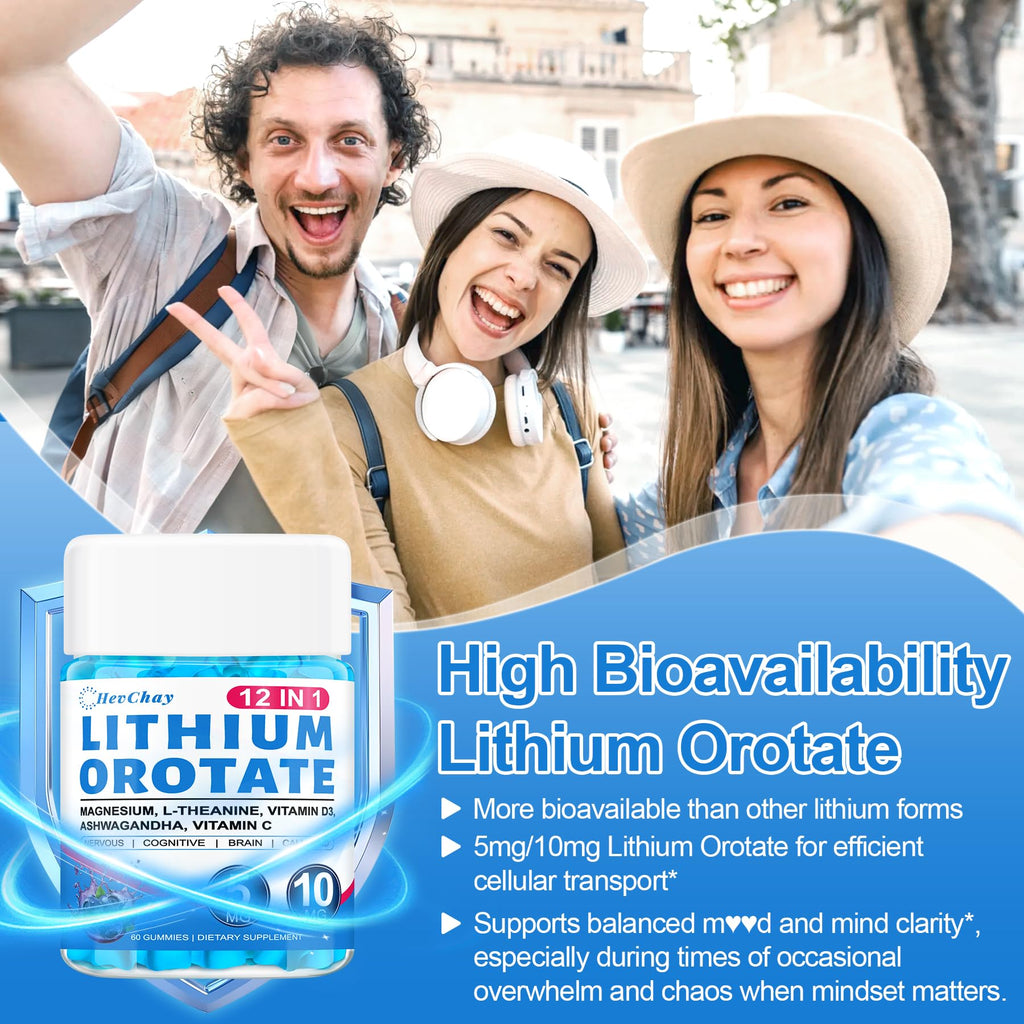12-in-1 Lithium Orotate 5mg 10mg with Ashwagandha & L-Theanine, Lithium Orotate for Mood, Calm, Cognitive & Brain, High Bioavailability Trace Mineral, Lemon Balm