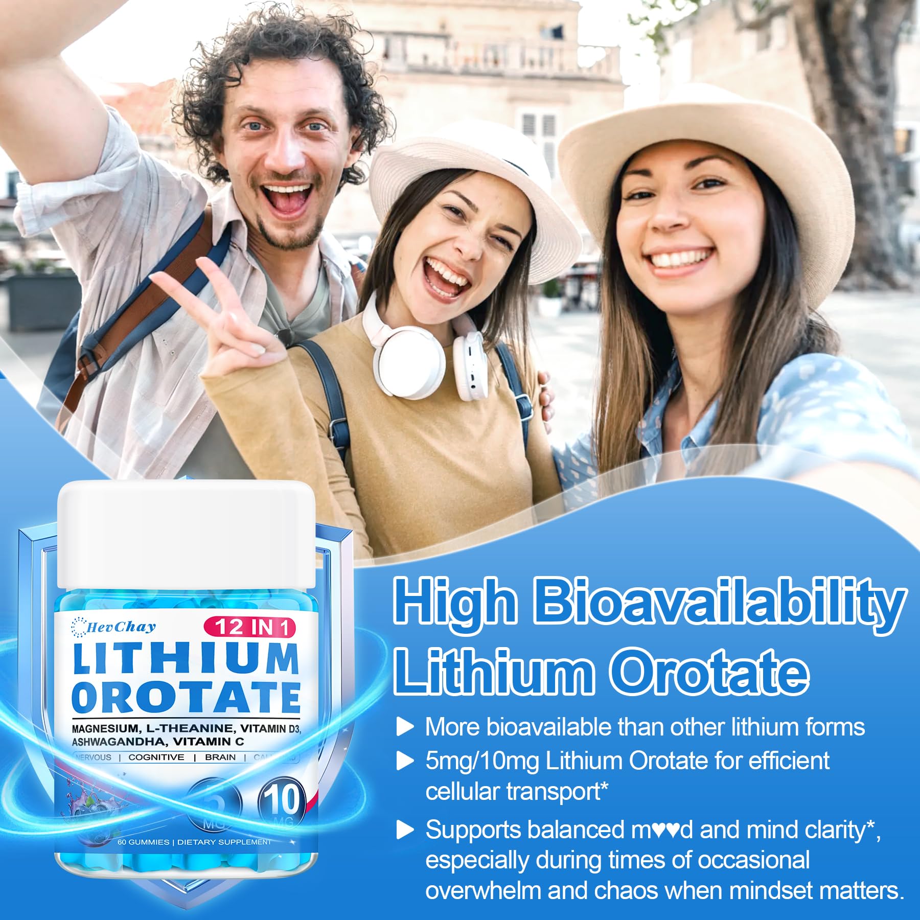 12-in-1 Lithium Orotate 5mg 10mg with Ashwagandha & L-Theanine, Lithium Orotate for Mood, Calm, Cognitive & Brain, High Bioavailability Trace Mineral, Lemon Balm
