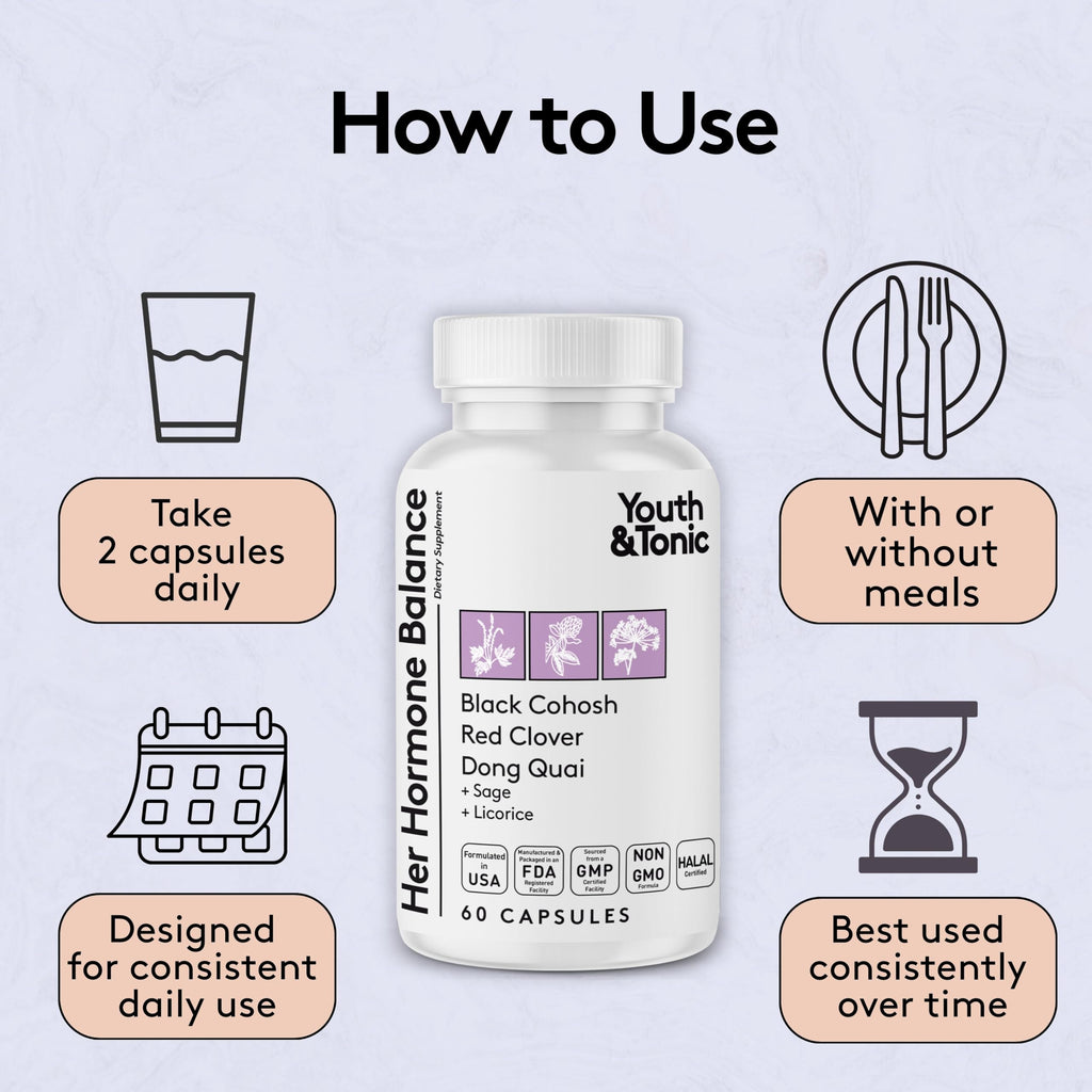 Youth & Tonic Her Hormone Balance – Menopause Supplement for Women, Perimenopause Support, Non-Hormonal Herbal Formula with Black Cohosh for Hot Flashes & Night Sweats, 60 Capsules Youth & Tonic Au supplements