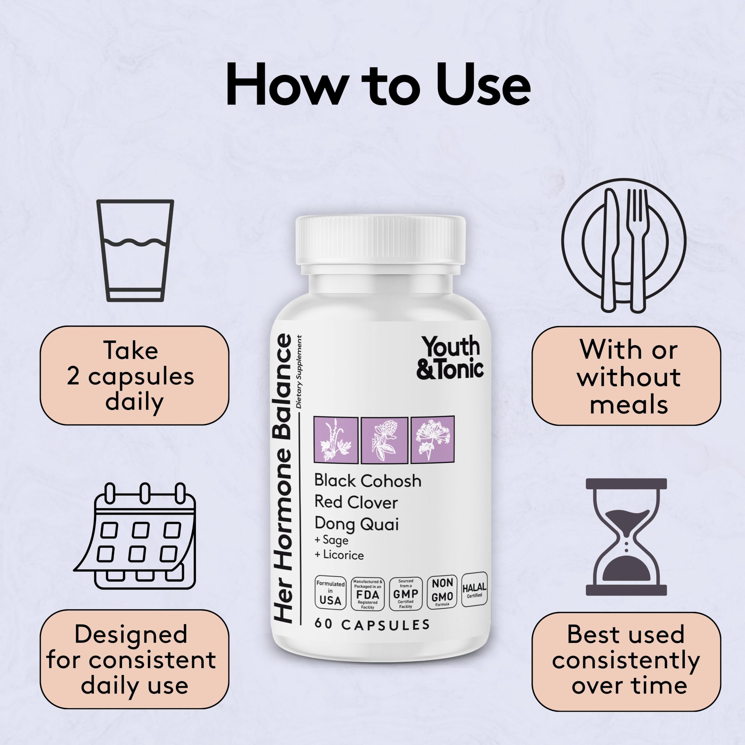 Youth & Tonic Her Hormone Balance – Menopause Supplement for Women, Perimenopause Support, Non-Hormonal Herbal Formula with Black Cohosh for Hot Flashes & Night Sweats, 60 Capsules Youth & Tonic Au supplements