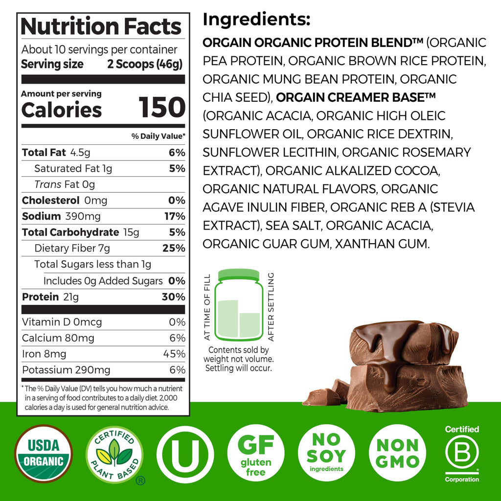 Orgain Organic Vegan Protein Powder, Creamy Chocolate Fudge - 21g Plant Protein, 7g Prebiotic Fiber, Low Net Carb, No Lactose Ingredients, No Added Sugar