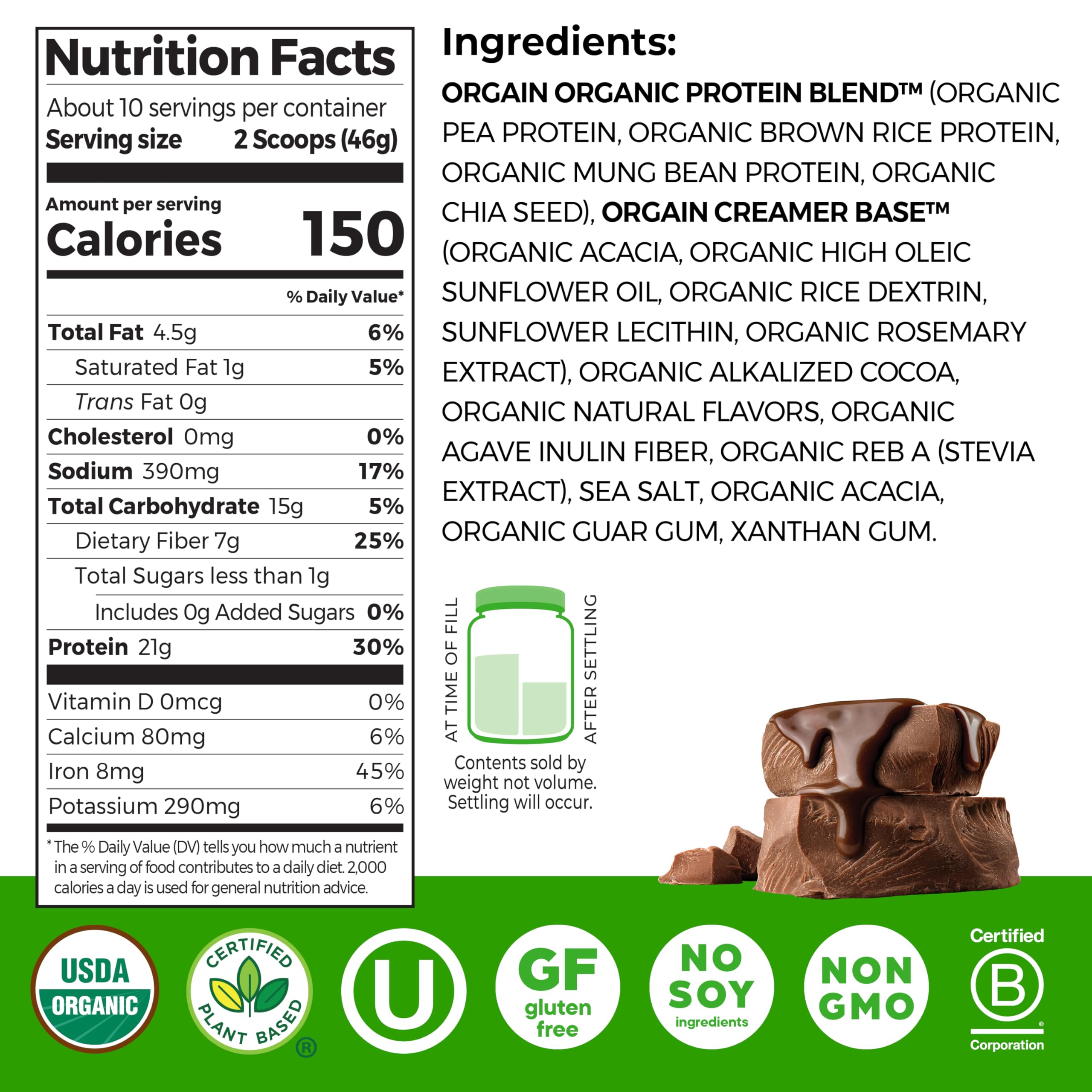 Orgain Organic Vegan Protein Powder, Creamy Chocolate Fudge - 21g Plant Protein, 7g Prebiotic Fiber, Low Net Carb, No Lactose Ingredients, No Added Sugar