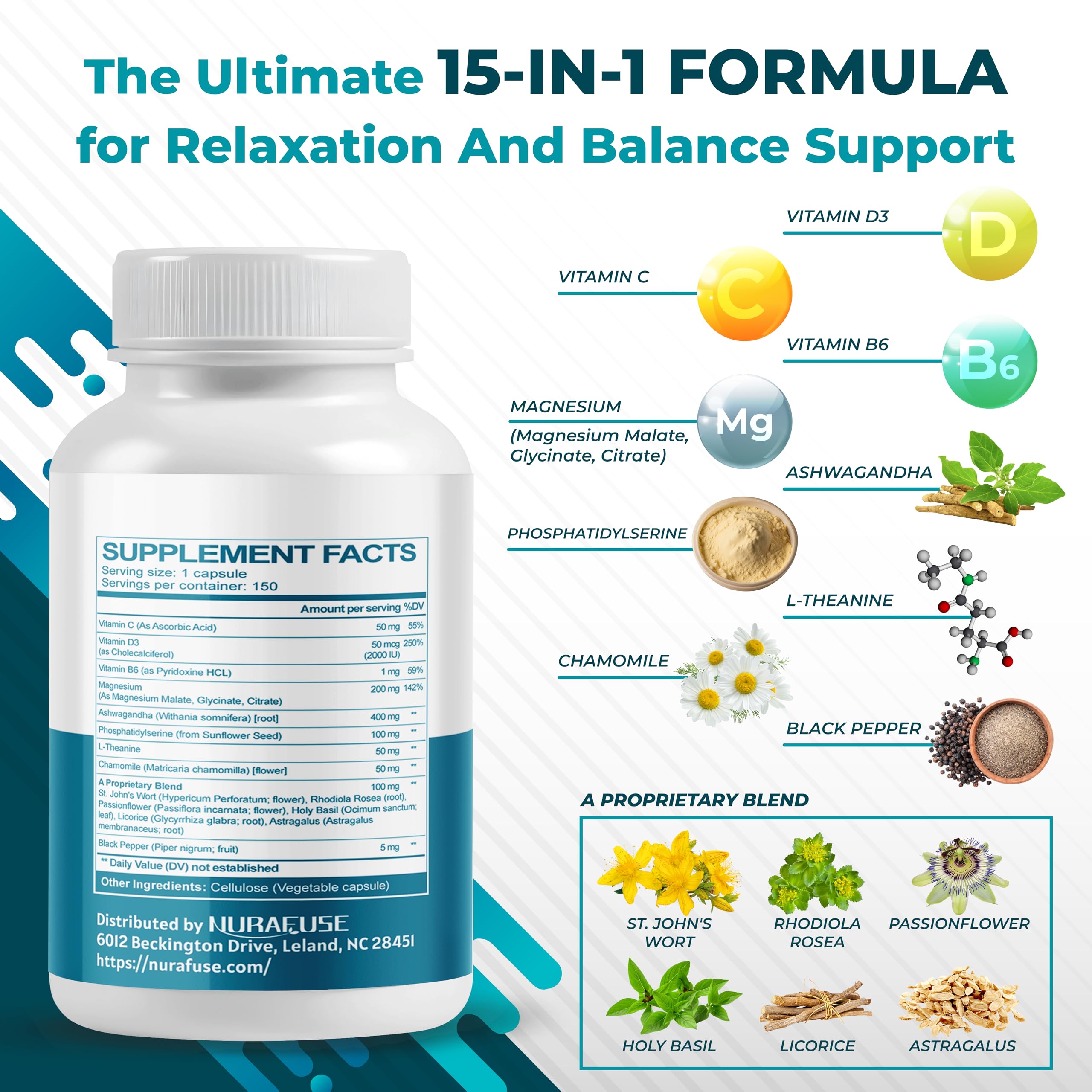 NURAFUSE CORTISOL Health Ashwagandha 15-in-1 Supplement with Magnesium Phosphatidylserine L-Theanine Chamomile Rhodiola Rosea Licorice Holy Basil NURAFUSE Au supplements