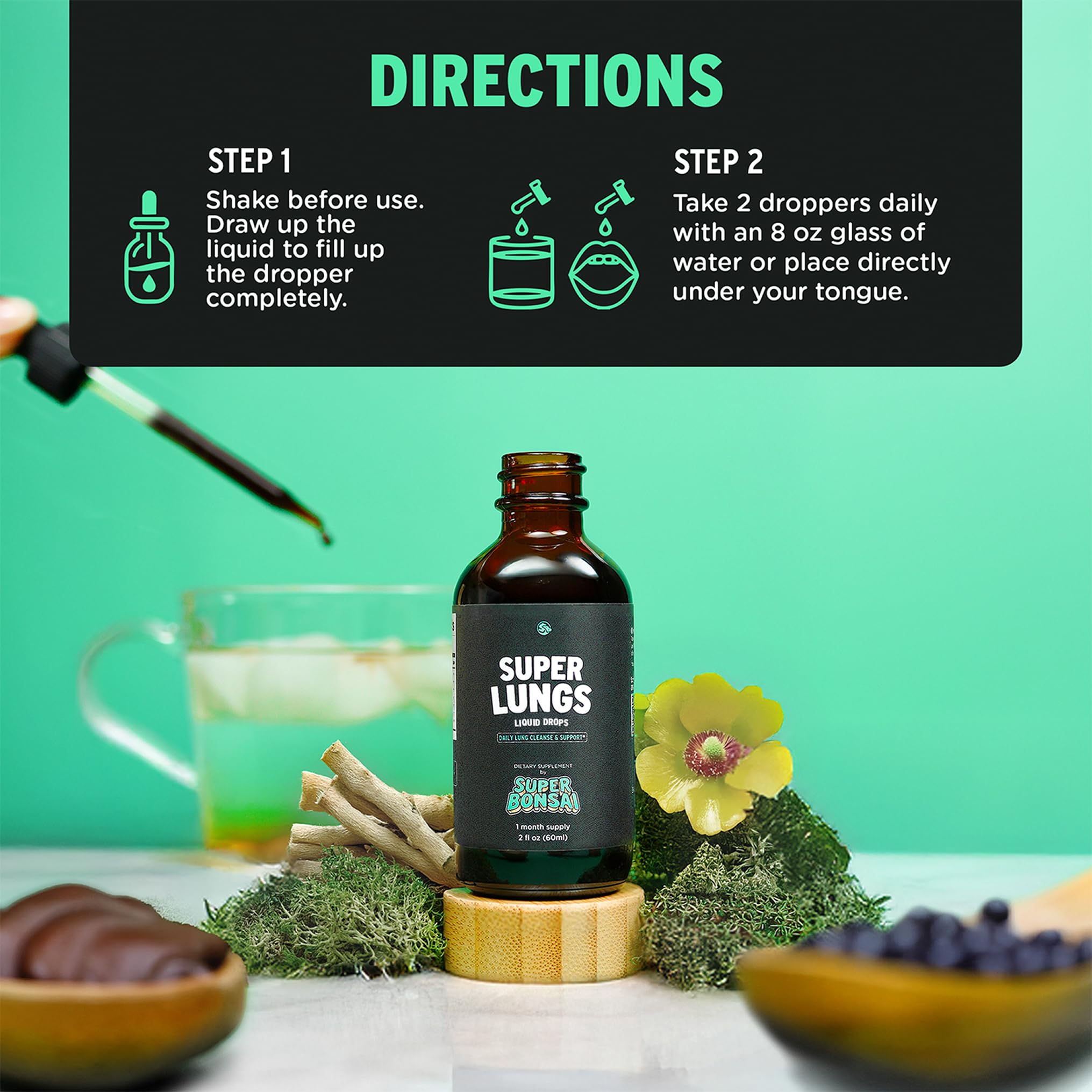 SuperBonsai Super Lungs Mullein Drops – Herbal Lung Support Tincture with Mullein Leaf Extract Elderberry Reishi Marshmallow Root