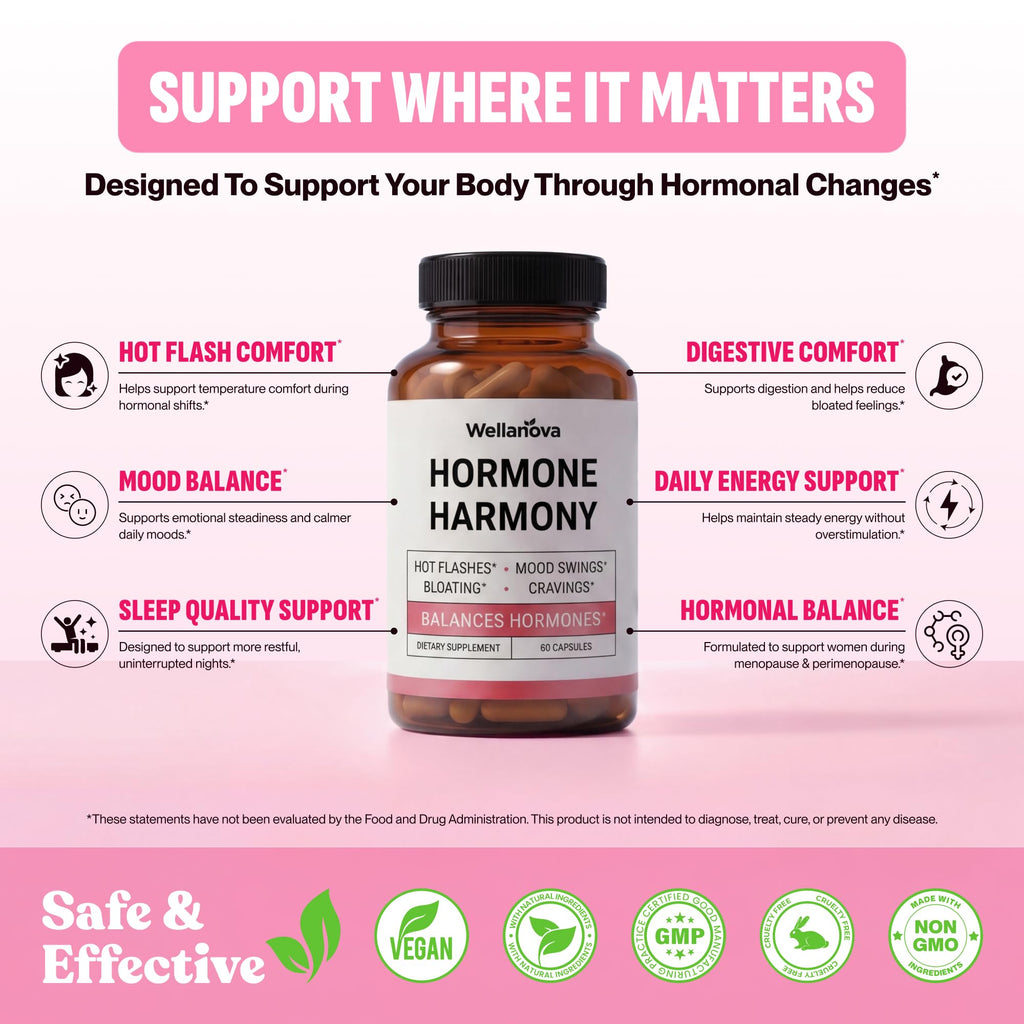 Wellanova Hormone Harmony for Women – Natural Hormonal Balance Support for Menopause & Perimenopause – Hot Flashes, Mood Swings, Cravings, Bloating Relief – 60 Capsules Wellanova Au supplements