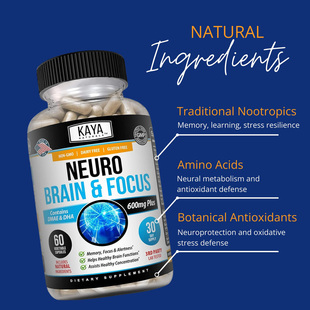 Kaya Naturals - Neuro Brain for Memory & Focus - Nootropic Energy Capsule - Nootropic Brain Support Supplement - Focus & Concentration & Learning Accuracy - Cognitive Function - 60 Count Kaya Naturals Au supplements