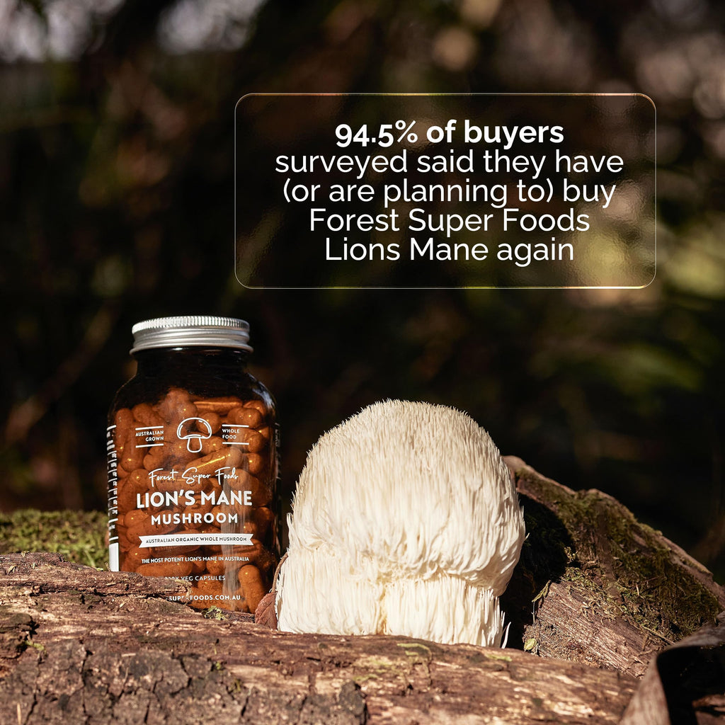 Forest Super Foods Lions Mane Supplement Capsules (120 Capsules) Organic Lions Mane Mushroom | Memory Lift Brain Supplement for Focus and Productivity. Lion Mane, Grown & Made in Australia