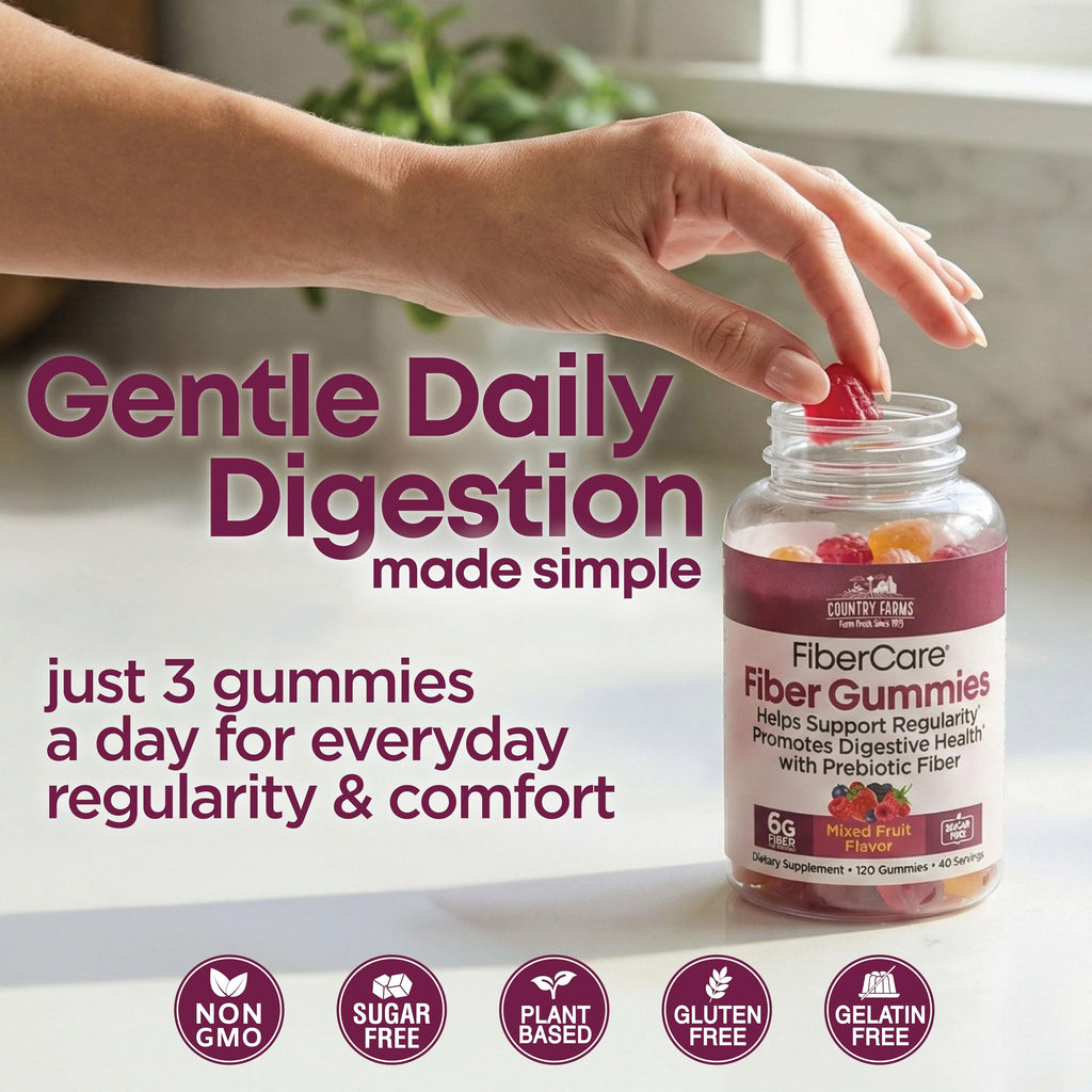 Country Farms Fiber Care Prebiotic Gummies, 6g of Fiber Per Serving, FOS from Beets, Digestive Health, Supports Regularity, Mixed Fruit Flavor