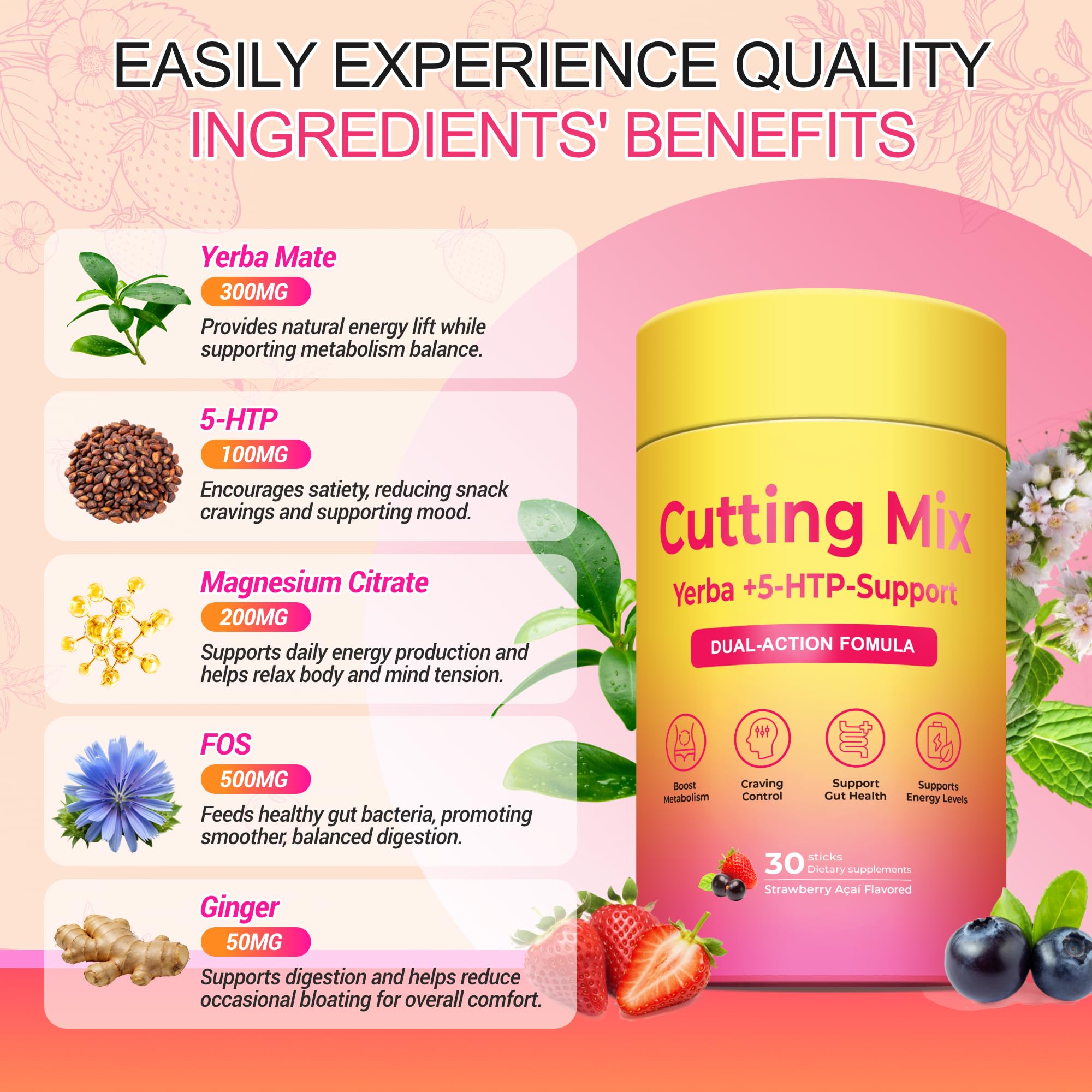 BOSNETHUINH Cutting Drink Mix – Satiety & Metabolism Support | Berberine, Chromium, FOS, Yerba Mate & 5-HTP | Gut Health & Energy