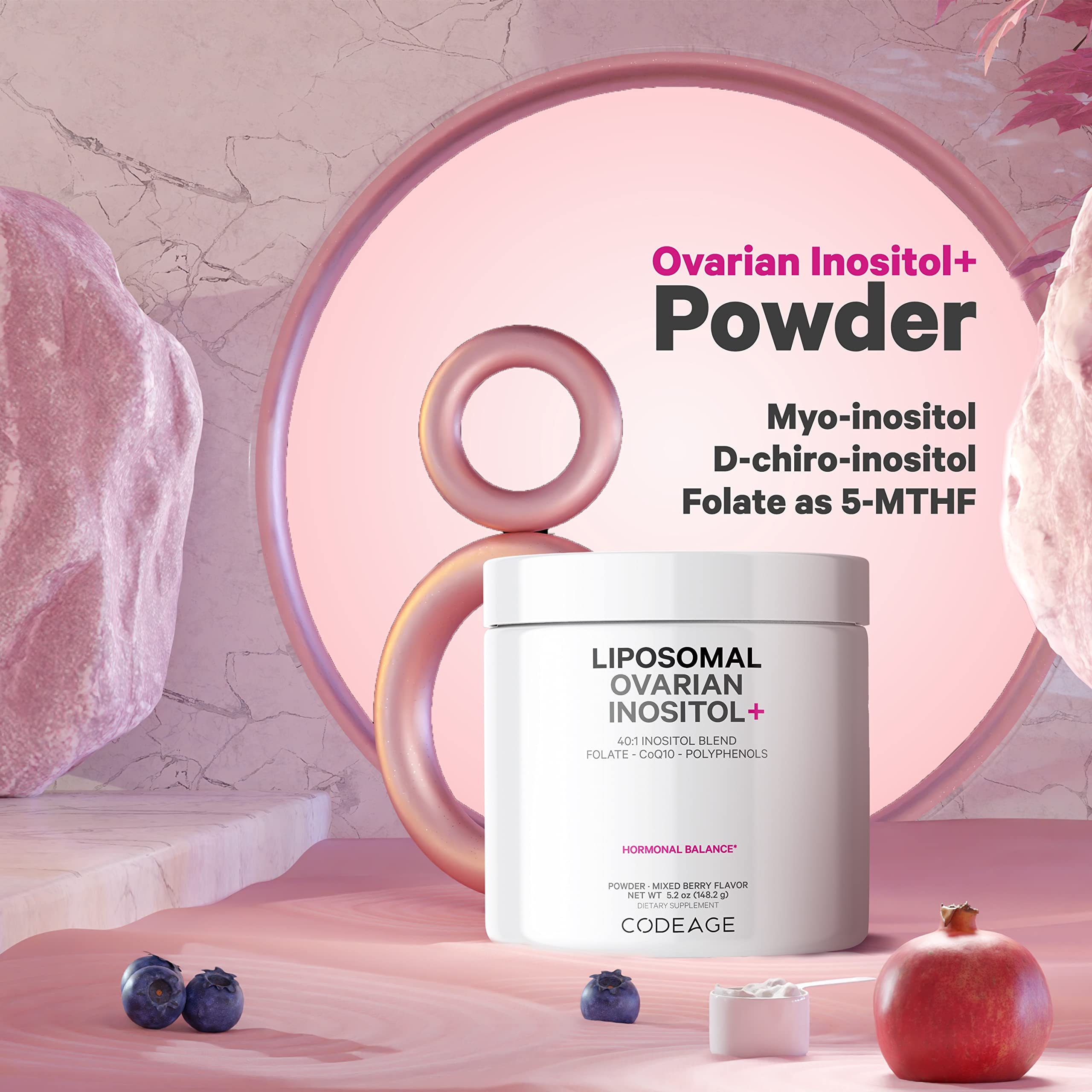 Codeage Liposomal Ovarian Inositol Powder - Myo-Inositol & D-Chiro-Inositol 40:1 Blend, Folate 5-MTHF, CoQ10, Pomegranate & Wild Blueberry - 2-Month Supply - Mixed Berry Flavor - Non-GMO, 60 Servings Codeage Au supplements