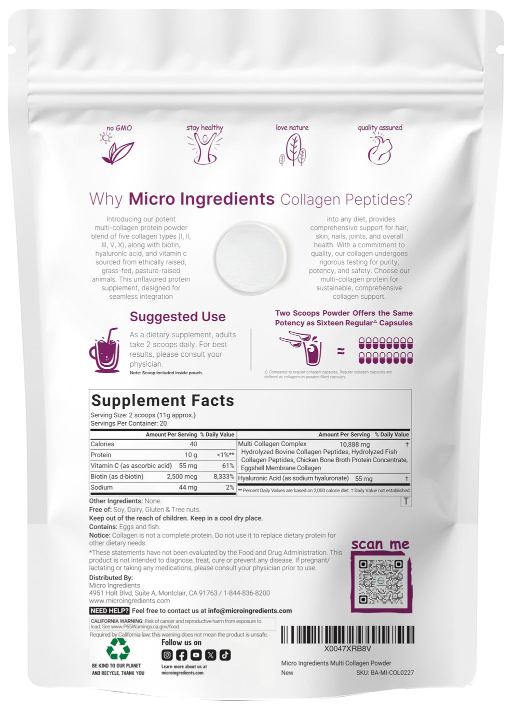 Micro Ingredients Multi Collagen Peptides Powder, 8oz – Hydrolyzed Type I,II,III,V,X with Biotin, Hyaluronic Acid, Vitamin C – Unflavored Collagen for Women & Men, Easy Dissolve, 20 Servings