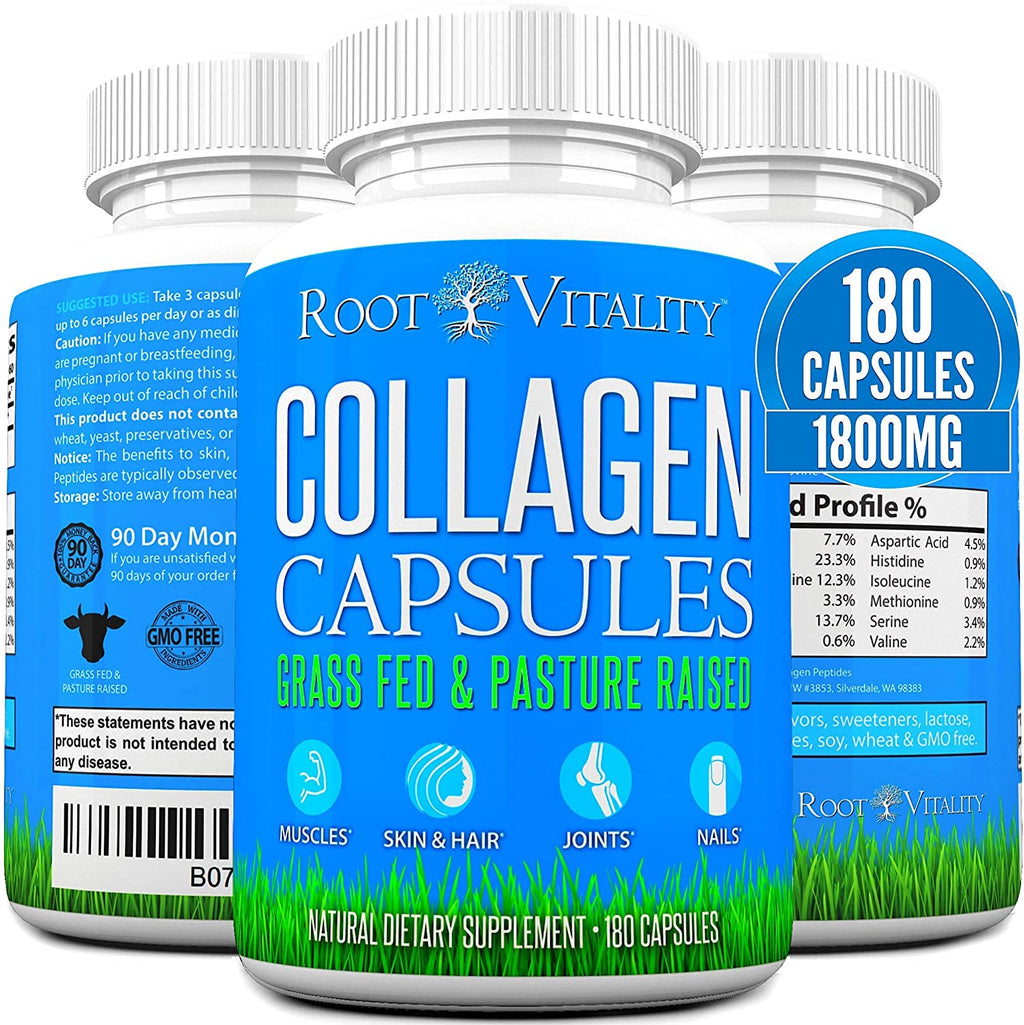 Root Vitality Collagen Peptides Capsules - Grass-Fed, Pasture-Raised Hydrolyzed Protein Supplement for Skin, Hair, & Nails - Non-GMO, Zero Sugar Daily Pills for Men & Women (180 Capsules) Root Vitality Au supplements